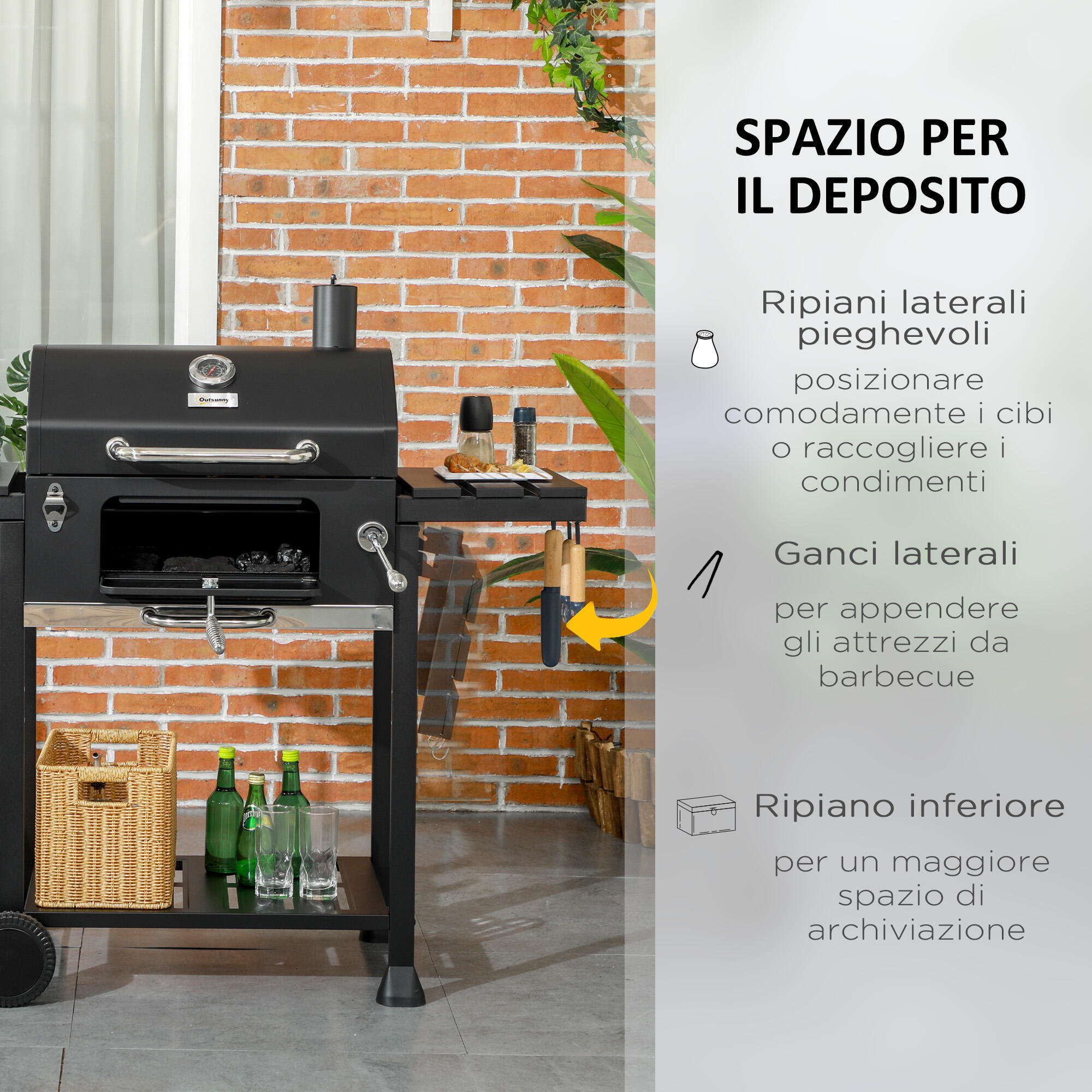 Outsunny Barbecue a Carbone con Coperchio, Griglia Regolabile e Ruote Nero 7/7