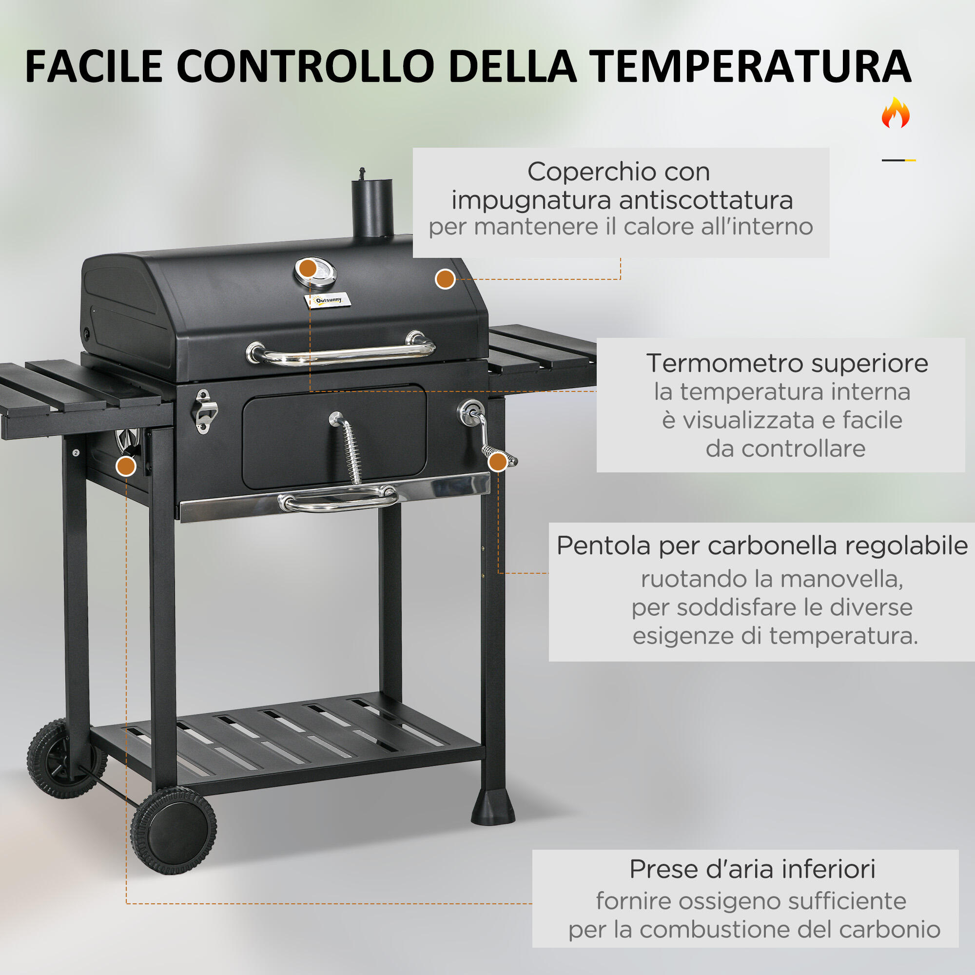 Outsunny Barbecue a Carbone con Coperchio, Griglia Regolabile e Ruote Nero 5/7