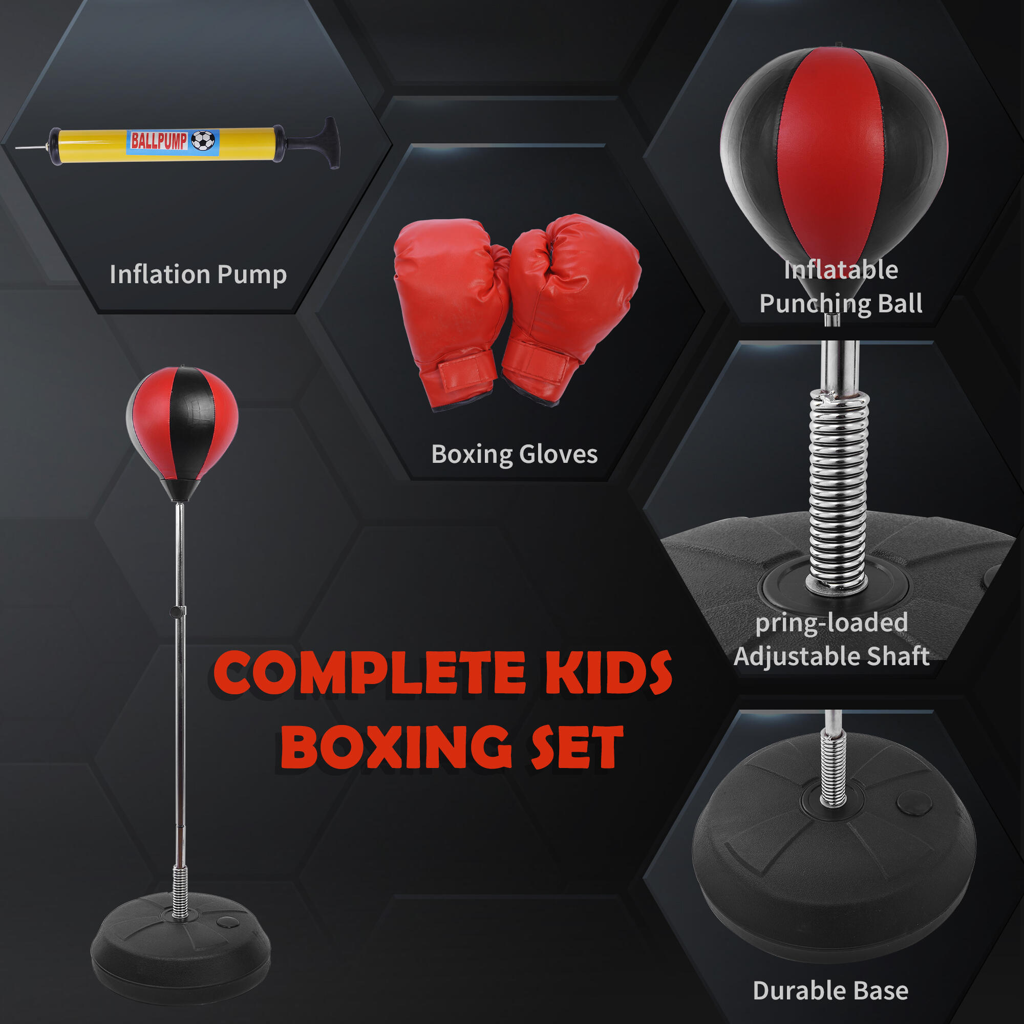 HOMCOM Set Punching Ball per Ragazzi con Guantoni e Altezza Regolabile 125-145cm 5/7