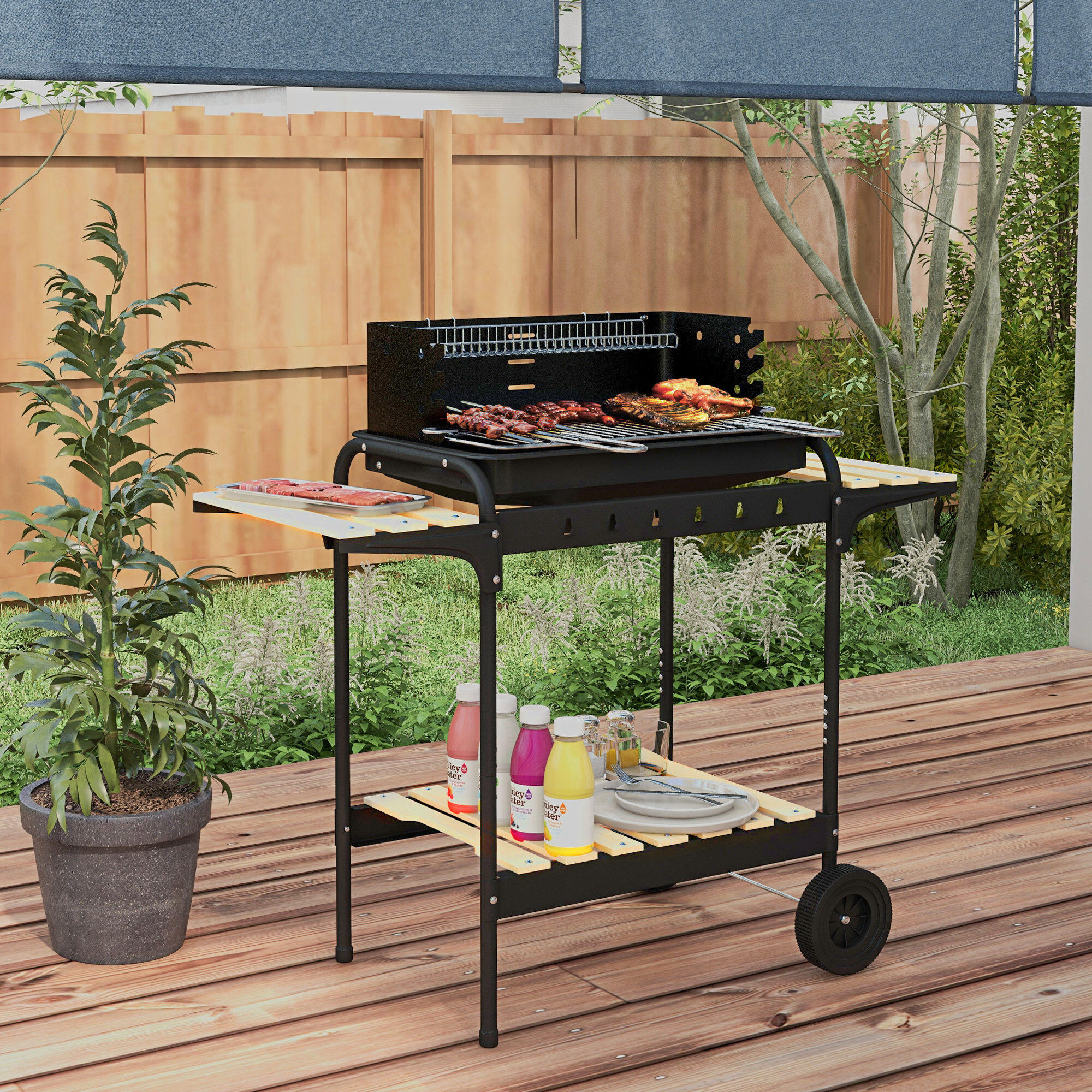 Outsunny Barbecue a Carbonella ad Altezza Regolabile Nera con Vassoio e Ruote 2/7