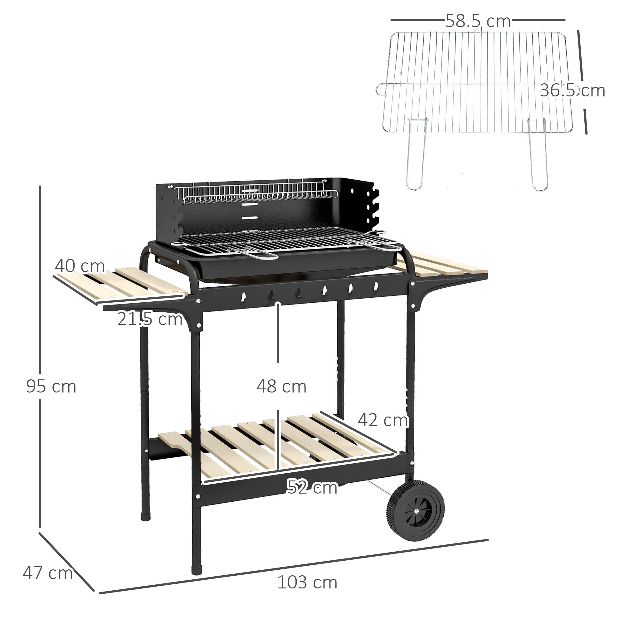 Outsunny Barbecue a Carbonella ad Altezza Regolabile Nera con Vassoio e Ruote 3/7