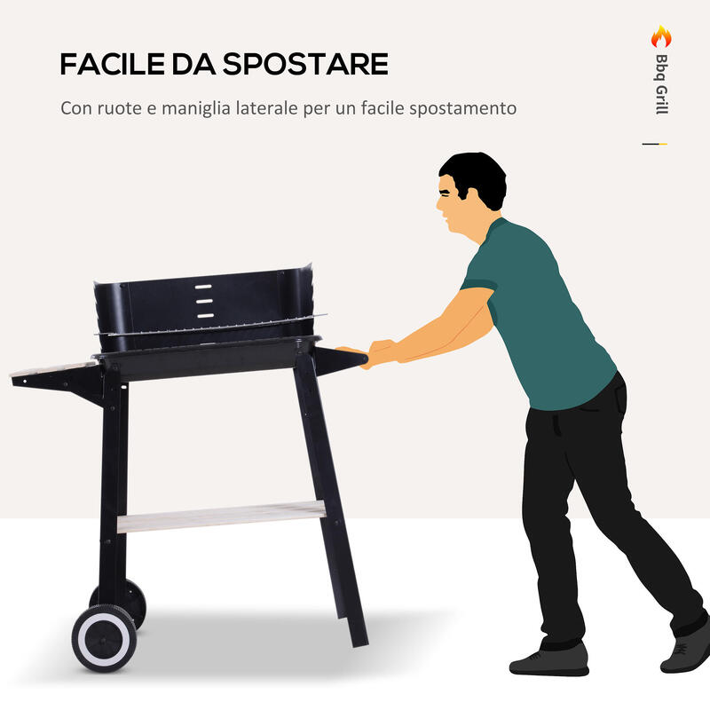 Outsunny Grătar cu Cărbune cu Grătar Reglabil pe Înălțime Și Roți