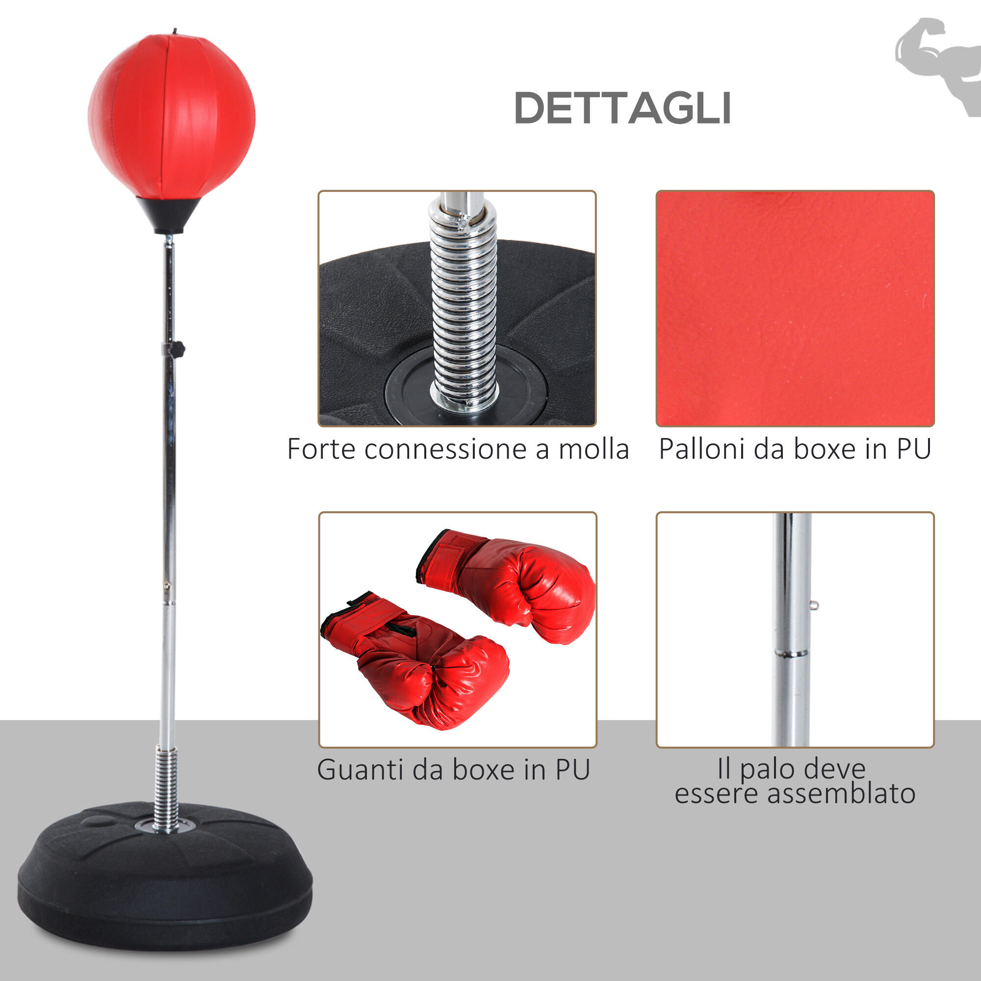 HOMCOM Punching Ball da Terra ad Altezza Regolabile con Guantoni Rosso 7/7