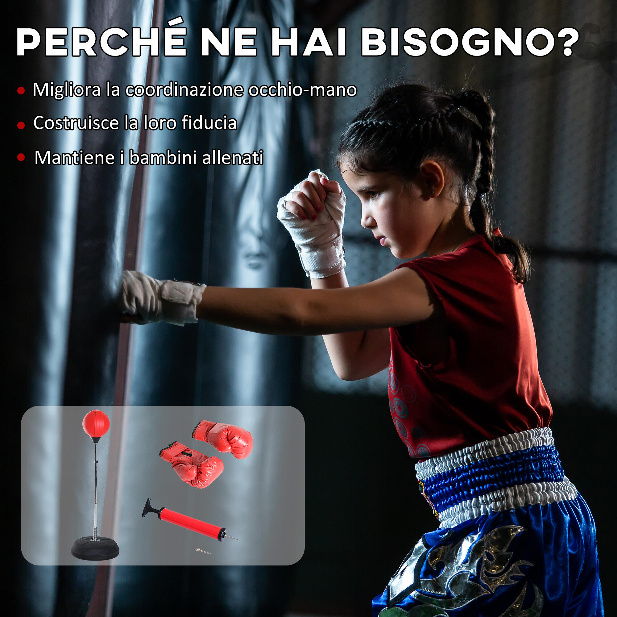 HOMCOM Punching Ball da Terra ad Altezza Regolabile con Guantoni Rosso 5/7