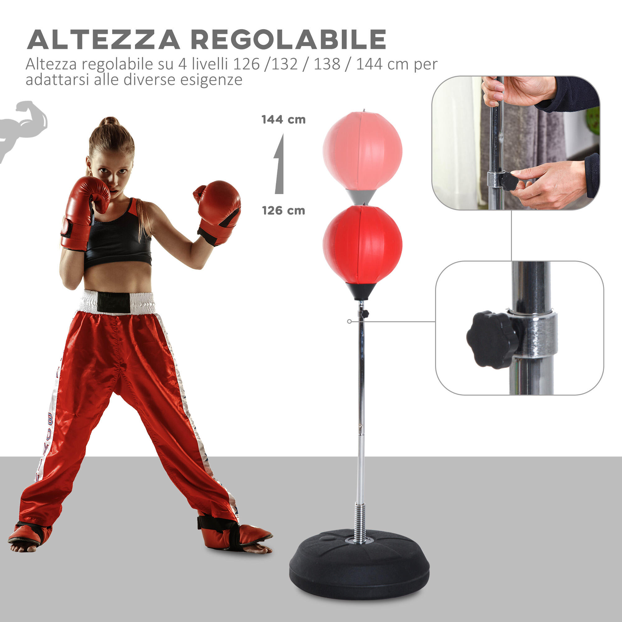 HOMCOM Punching Ball da Terra ad Altezza Regolabile con Guantoni Rosso 4/7