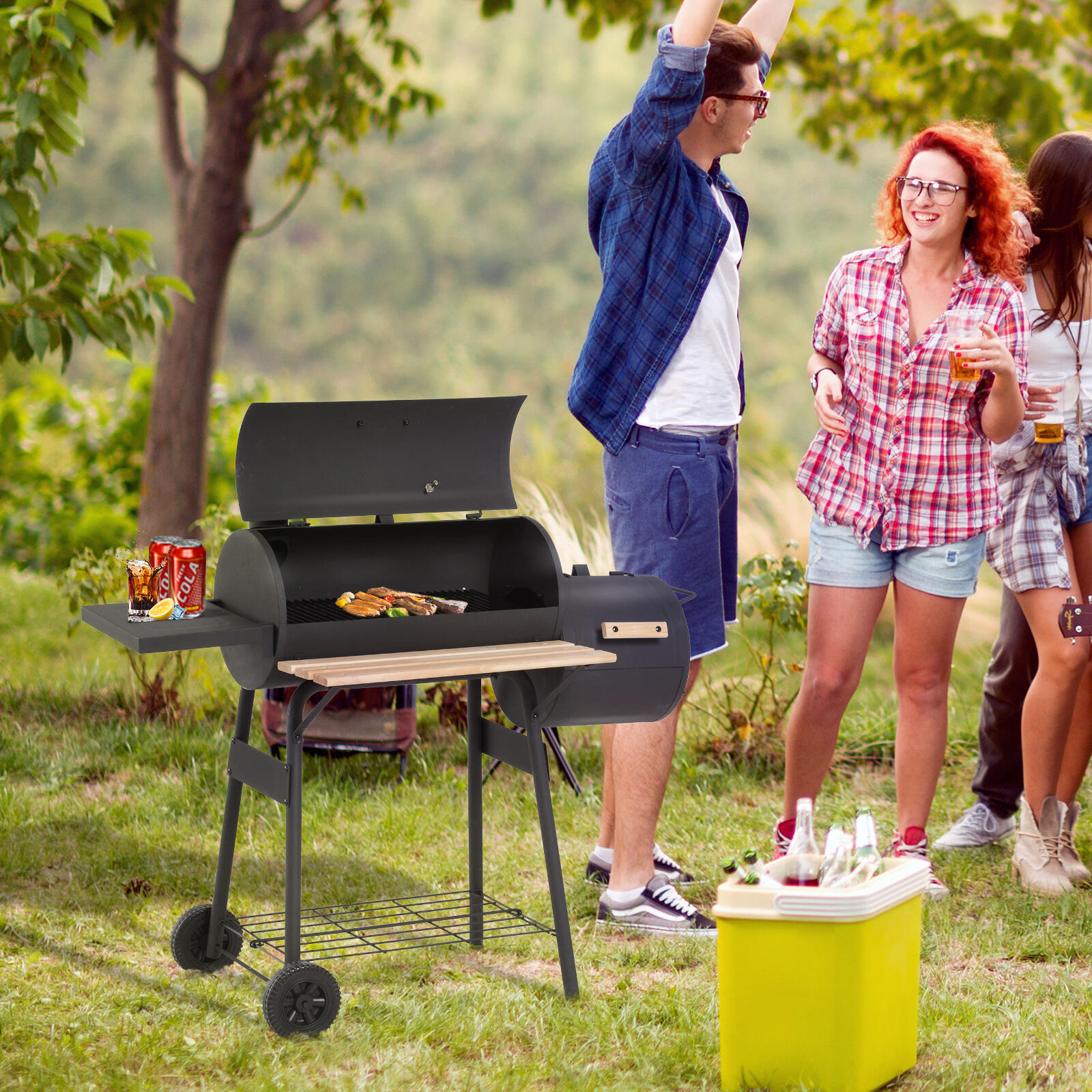 Outsunny Barbecue a Carbone con Coperchio, Affumicatore e Ruote Nero 2/7