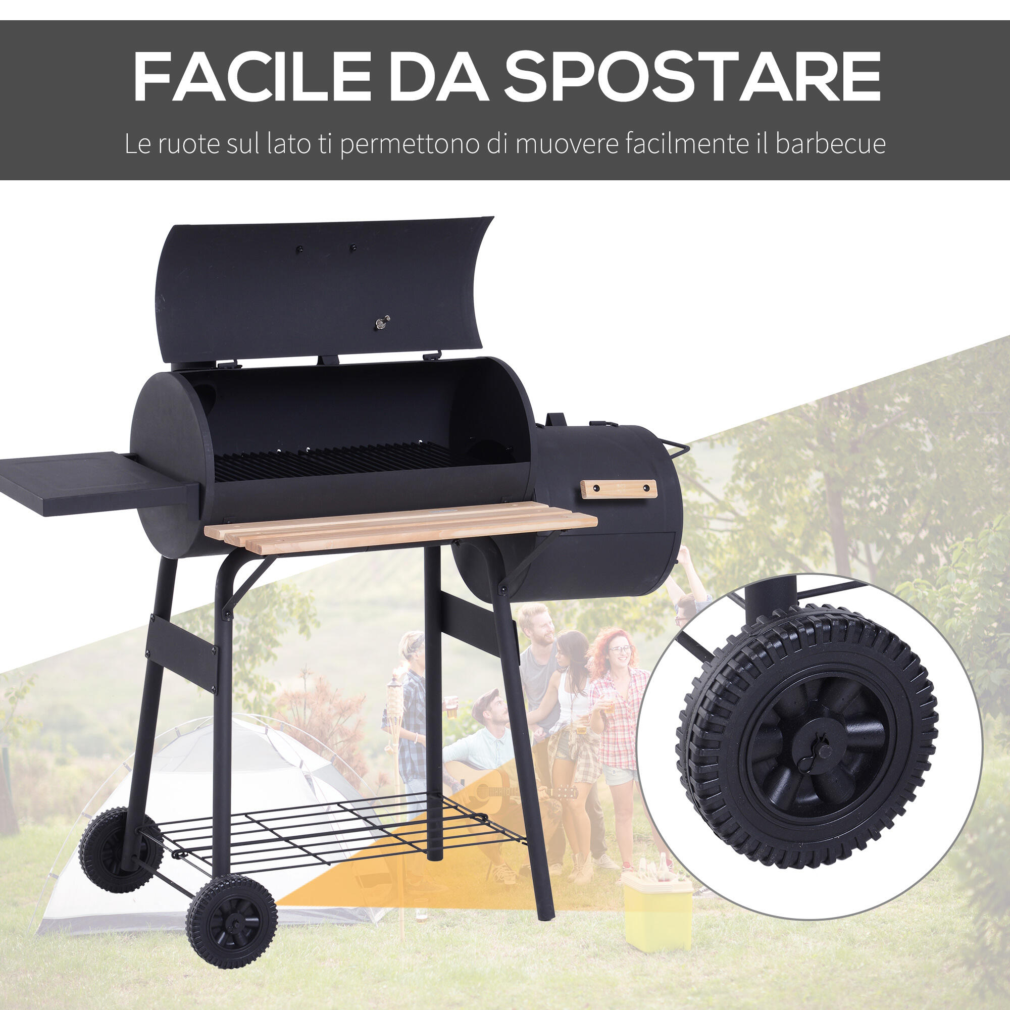 Outsunny Barbecue a Carbone con Coperchio, Affumicatore e Ruote Nero 5/7
