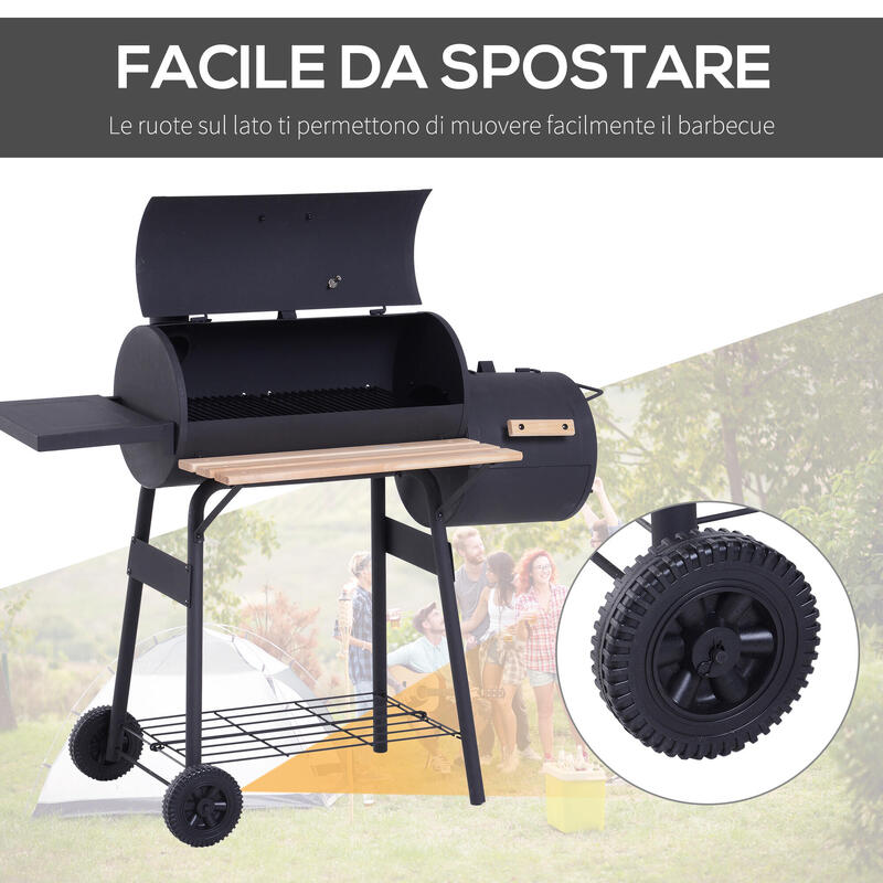 Outsunny Grătar cu Cărbune cu Capac, Afumător Și Roți Negru