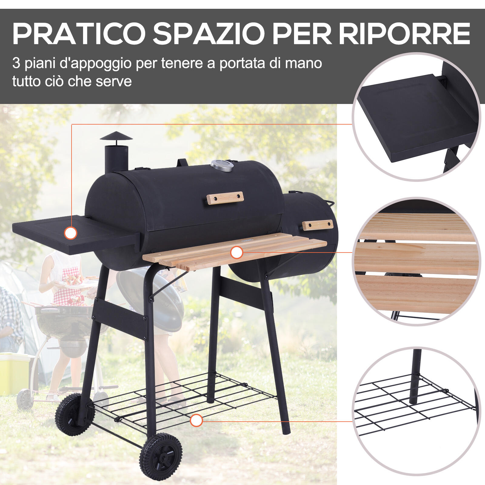 Outsunny Barbecue a Carbone con Coperchio, Affumicatore e Ruote Nero 7/7