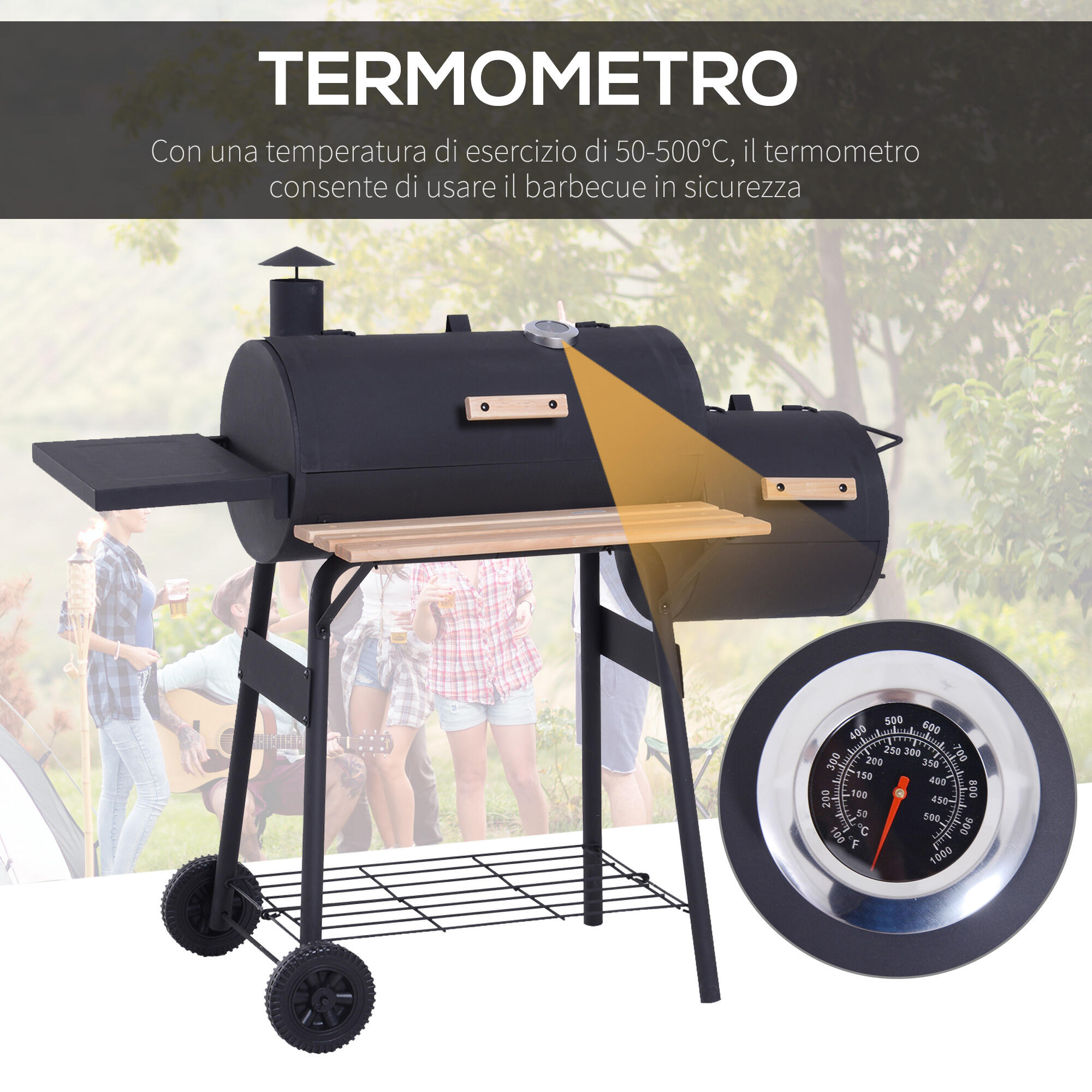 Outsunny Barbecue a Carbone con Coperchio, Affumicatore e Ruote Nero 4/7