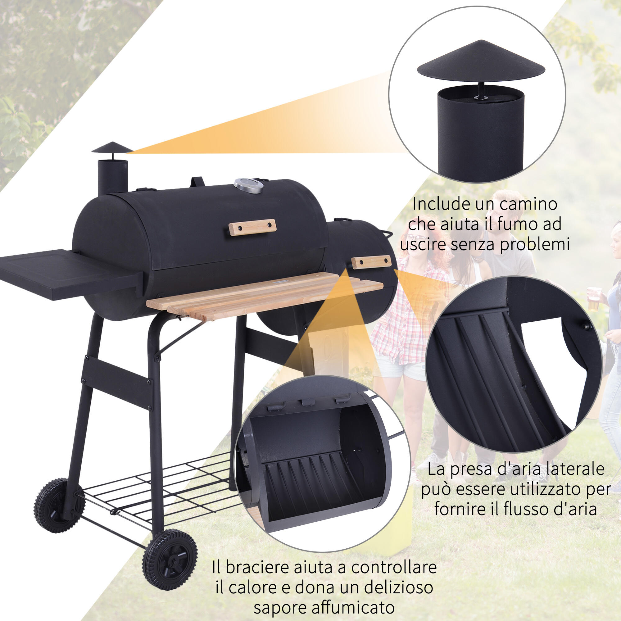 Outsunny Barbecue a Carbone con Coperchio, Affumicatore e Ruote Nero 6/7