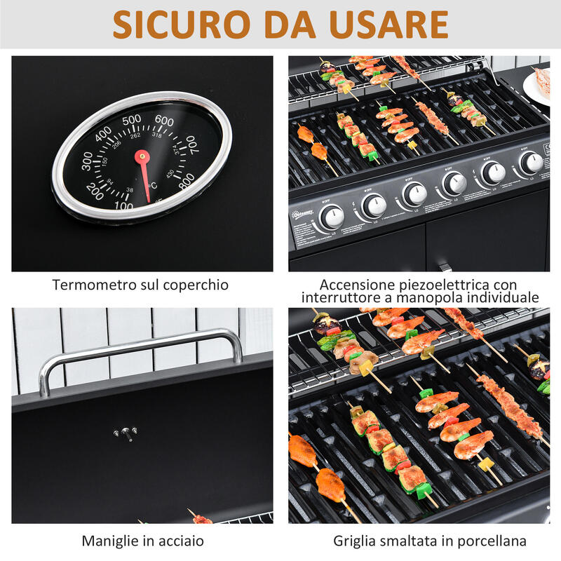 Outsunny Gratar pe Gaz cu Capac si Arzator Lateral, Termometru si 2 Roti