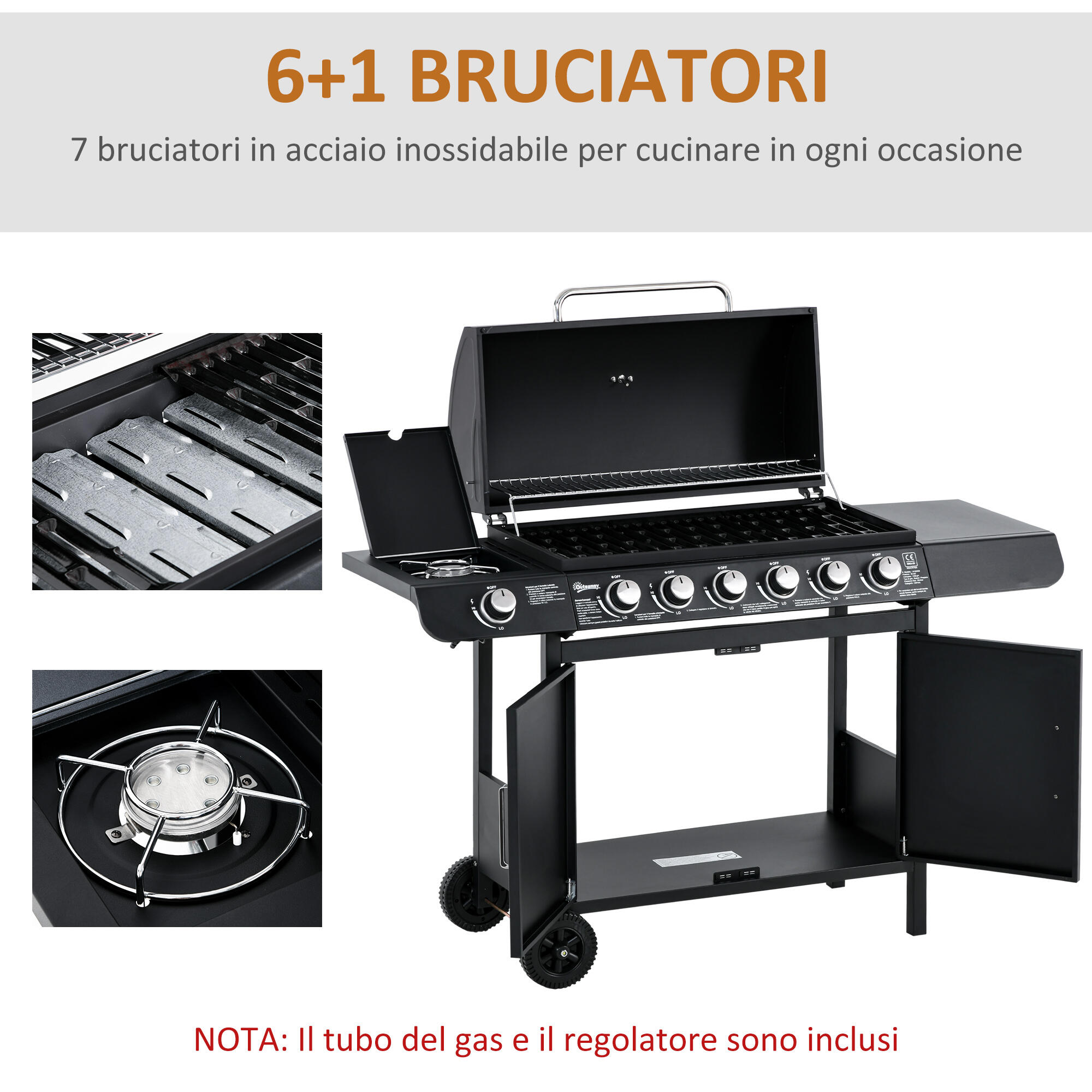 Outsunny Barbecue a Gas con Coperchio e Fornello Laterale, Termometro e 2 Ruote 5/7
