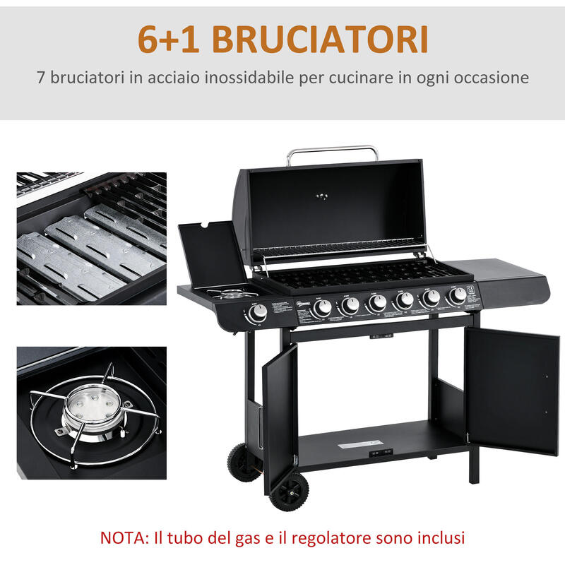 Outsunny Gratar pe Gaz cu Capac si Arzator Lateral, Termometru si 2 Roti