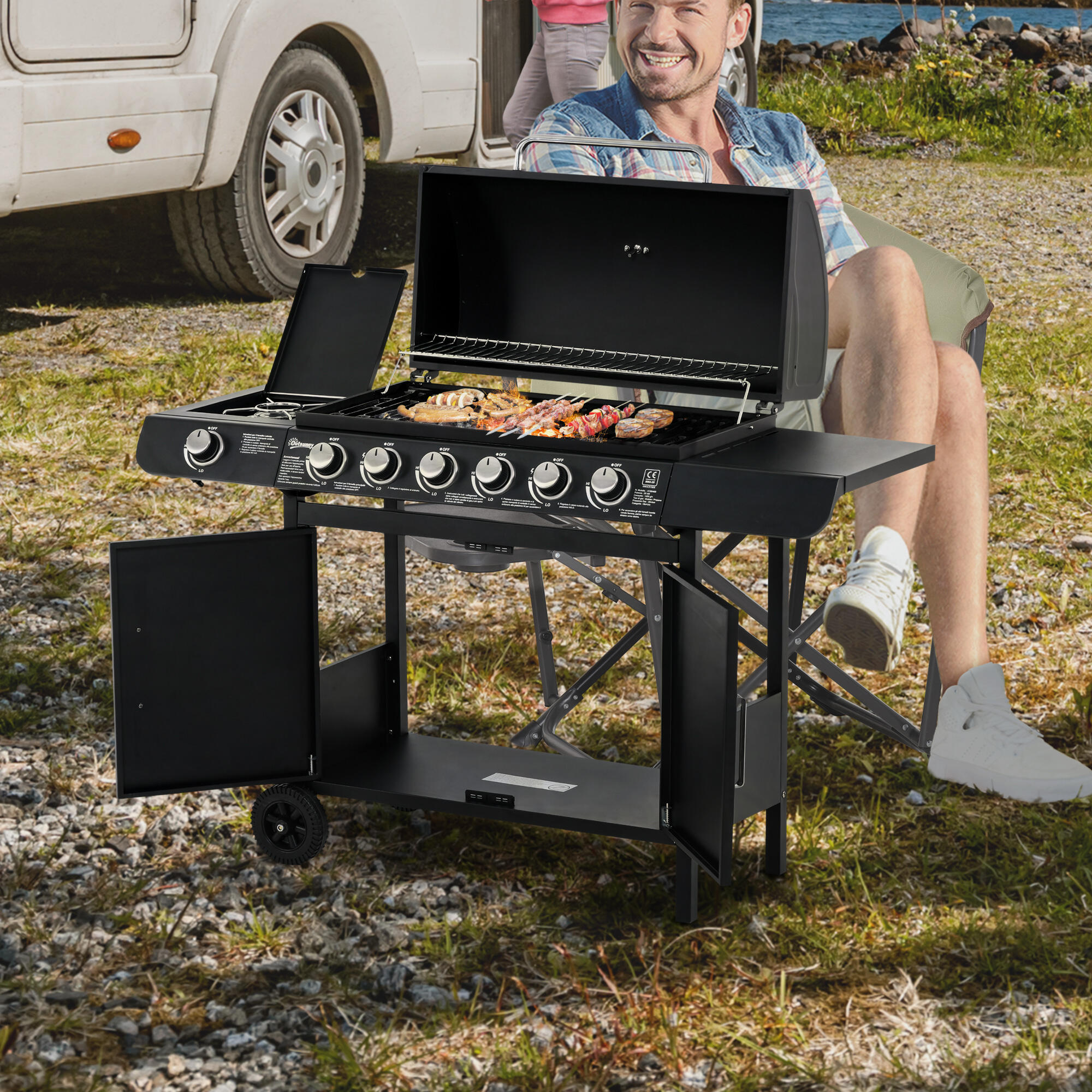 Outsunny Barbecue a Gas con Coperchio e Fornello Laterale, Termometro e 2 Ruote 2/7