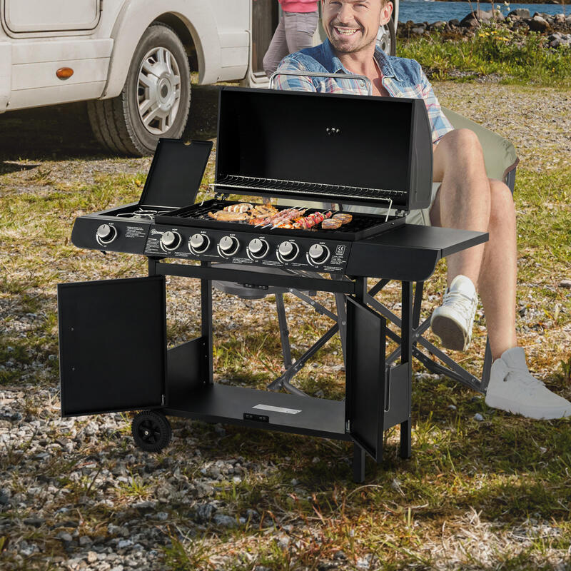 Outsunny Gratar pe Gaz cu Capac si Arzator Lateral, Termometru si 2 Roti