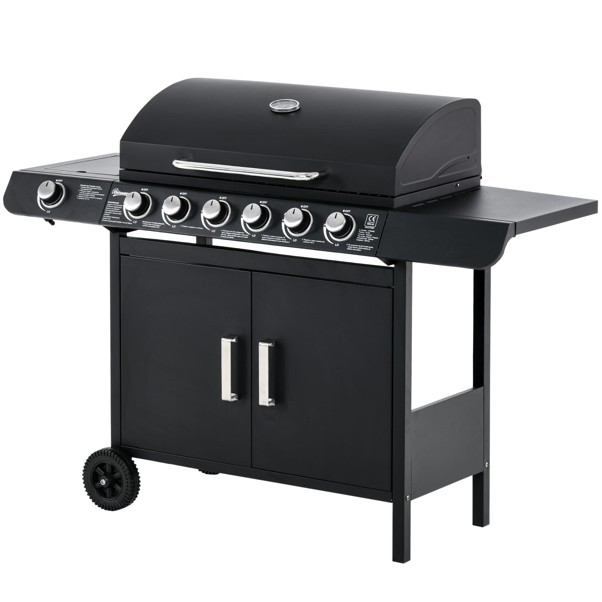 Outsunny Barbecue a Gas con Coperchio e Fornello Laterale, Termometro e 2 Ruote 1/7