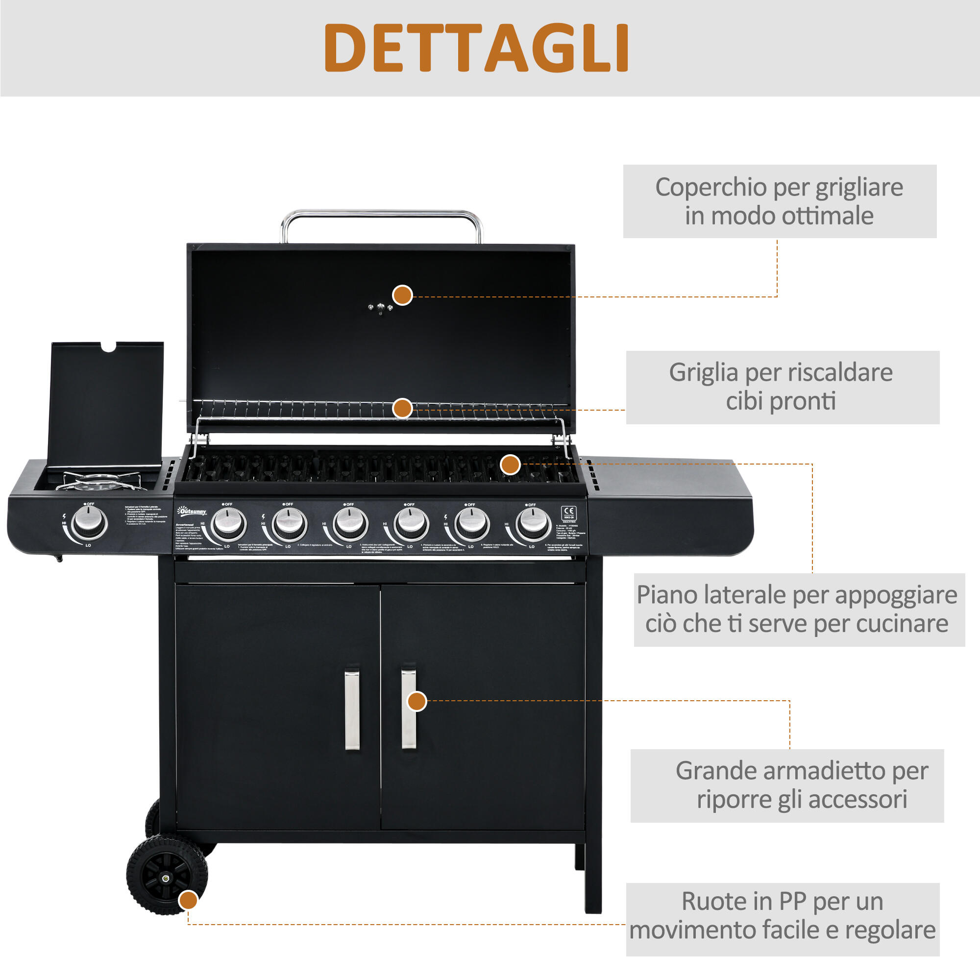 Outsunny Barbecue a Gas con Coperchio e Fornello Laterale, Termometro e 2 Ruote 7/7