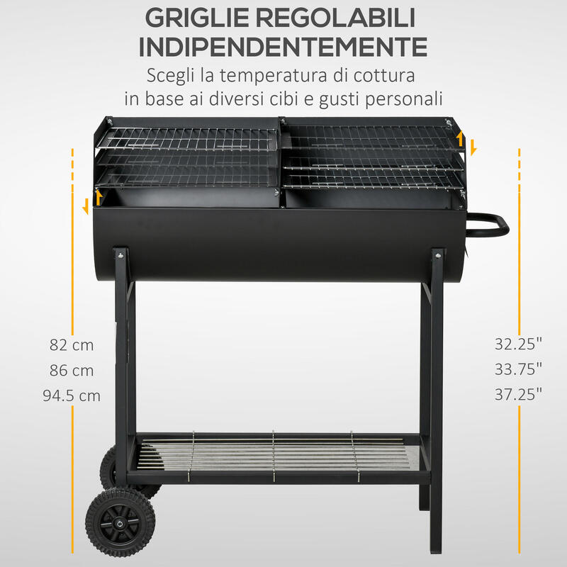 Outsunny Gratar din Otel cu 2 Gratare Independente si 2 Roti Negru
