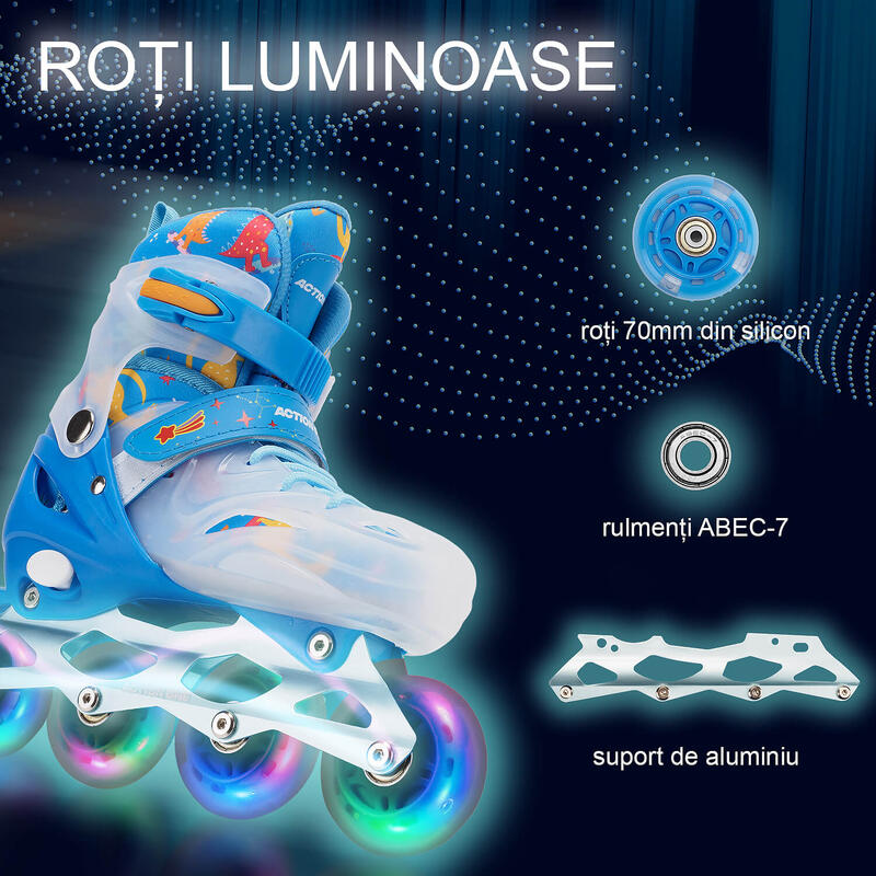 Role reglabile Blue Dinosaur, roti luminoase silicon,sina aluminiu,M(33-37),blue