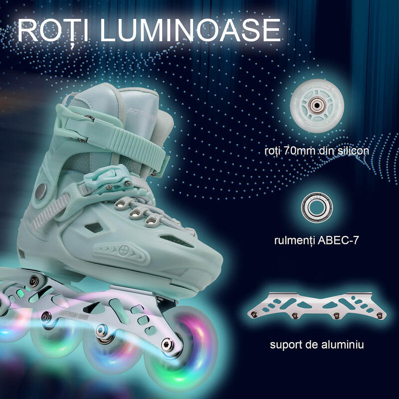 Role reglabile Pastel Mint Green, roti luminoase silicon, sina aluminiu,M(32-35)
