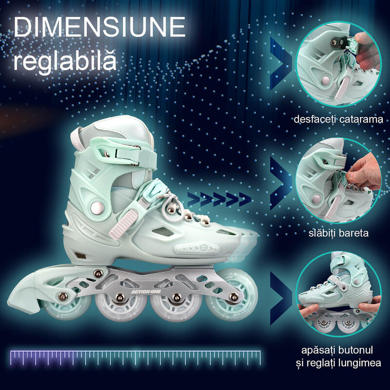 Role reglabile Pastel Mint Green, roti luminoase silicon, sina aluminiu,S(28-31)