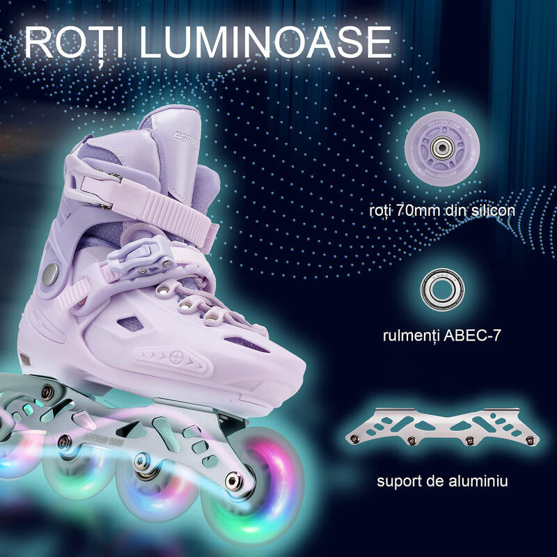 Role reglabile Pastel Lila, roti luminoase silicon, sina aluminiu, M (32-35)