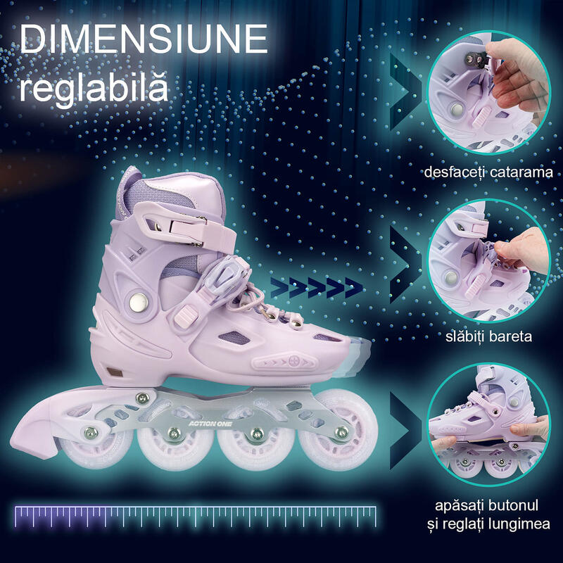 Role reglabile Pastel Lila, roti luminoase silicon, sina aluminiu, S (28-31)