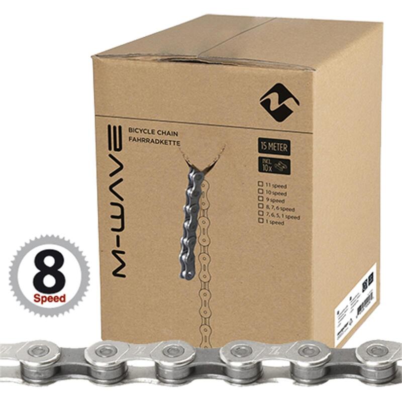 Chaîne M-Wave 6-8 VITESSE 1 2x3 32, gris argenté - 15m avec 10 connecteurs      11800€    MESSINGSCHLAGER Chaîne M-Wave 6-8 VITESSE 1 2x3 32, gris argenté - 15m avec 10 connecteursVendu exclusivement en ligne   