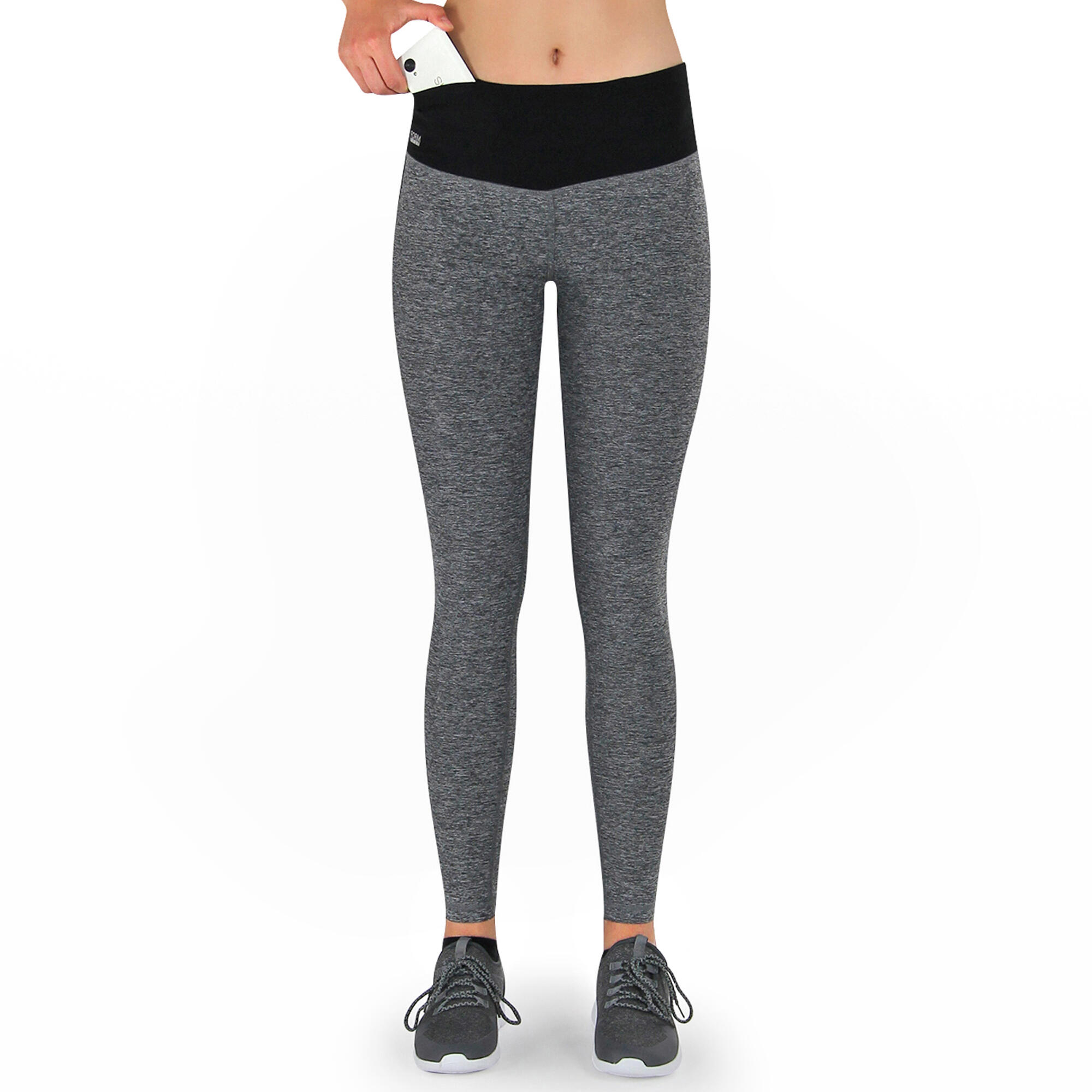 Damen lange Laufhose-Hoher Bund, Atmungsaktiv, mit Handytasche-grau 2/7