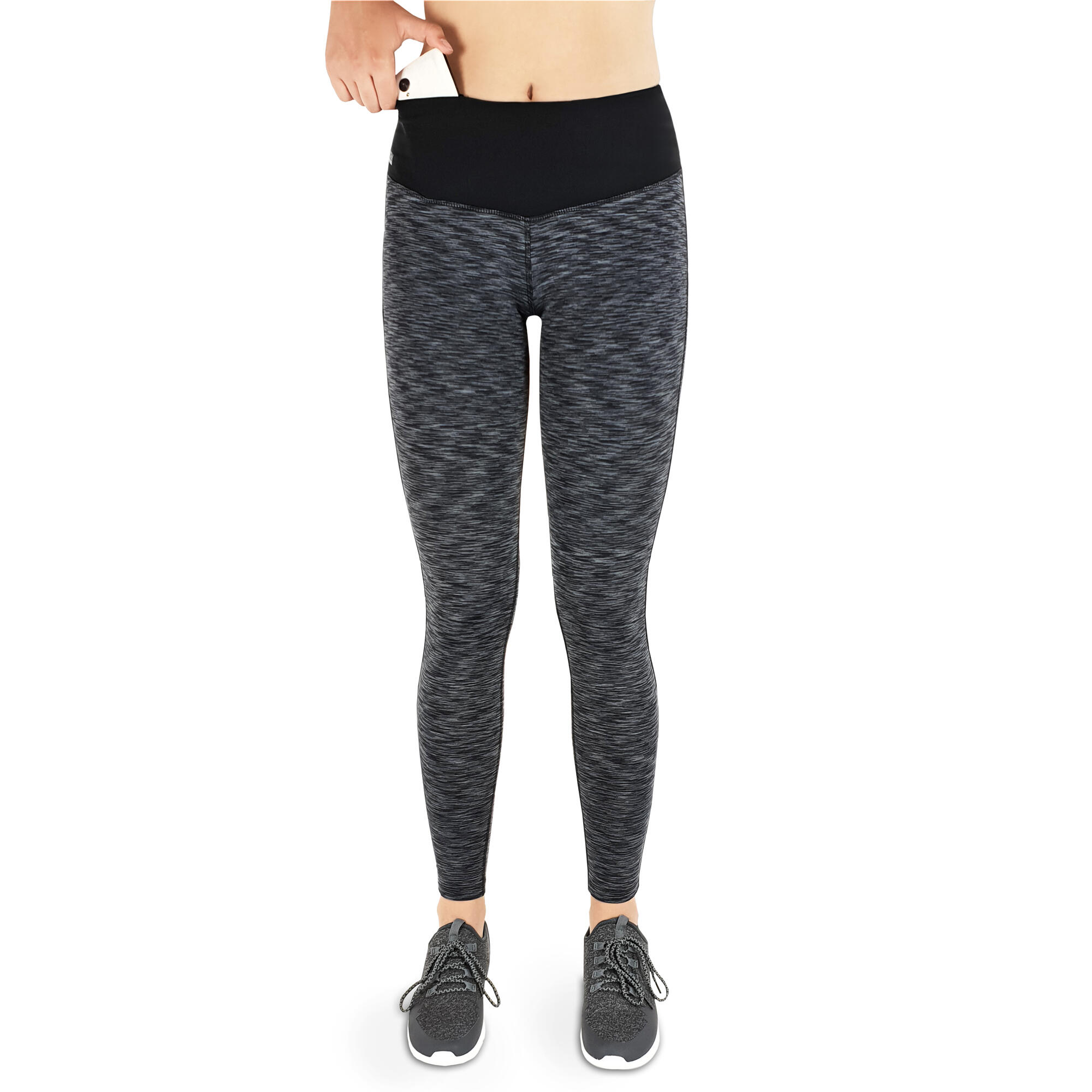 Damen lange Laufhose-Hoher Bund, Atmungsaktiv, mit Handytasche-schwarz-grau 2/7