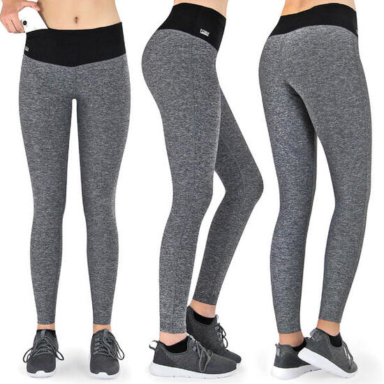 Damen lange Laufhose-Hoher Bund, Atmungsaktiv, mit Handytasche-grau
