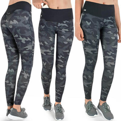 Damen lange Laufhose-Hoher Bund. Atmungsaktiv. mit Handytasche-Camouflage dark