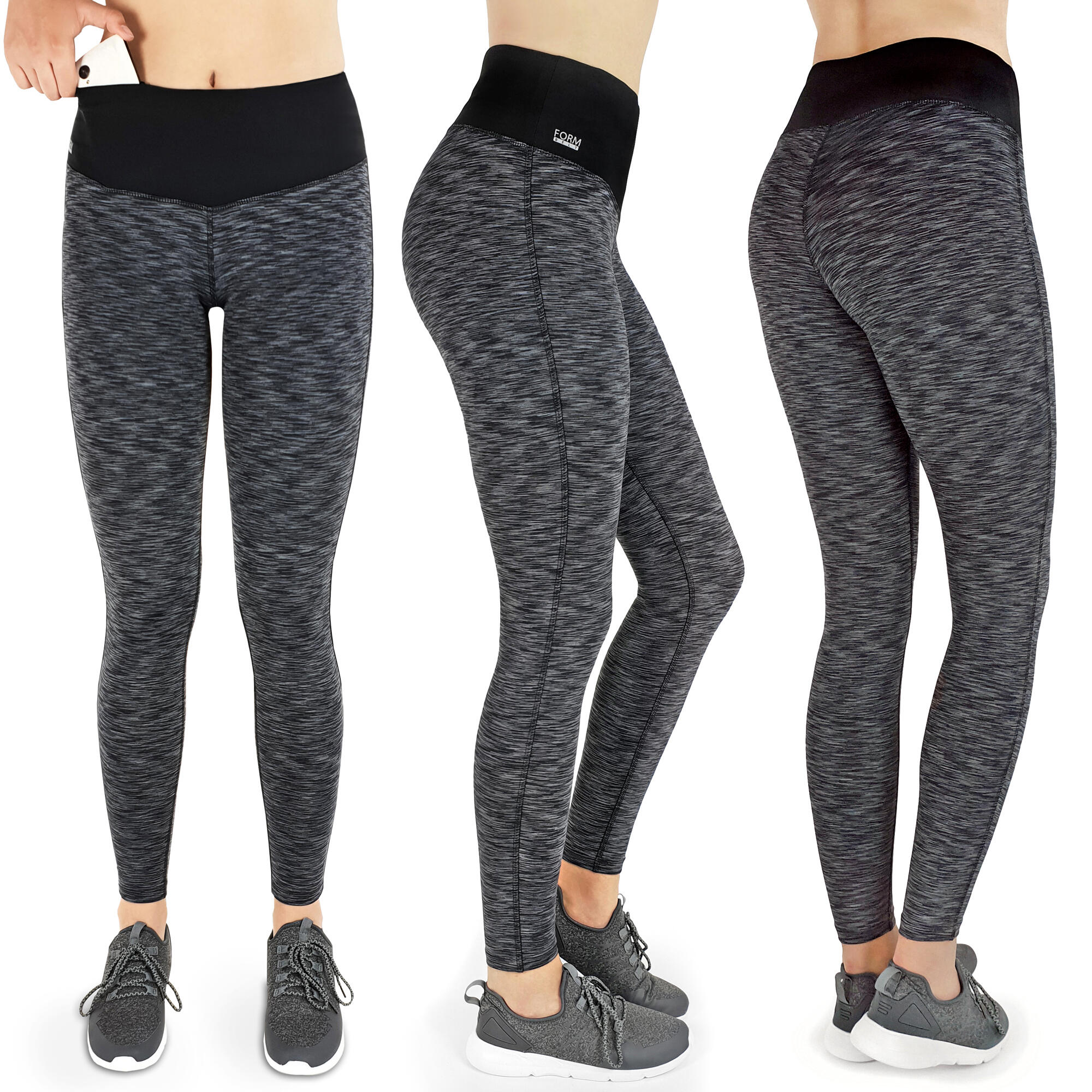 FORMBELT Damen lange Laufhose-Hoher Bund, Atmungsaktiv, mit Handytasche-schwarz-grau
