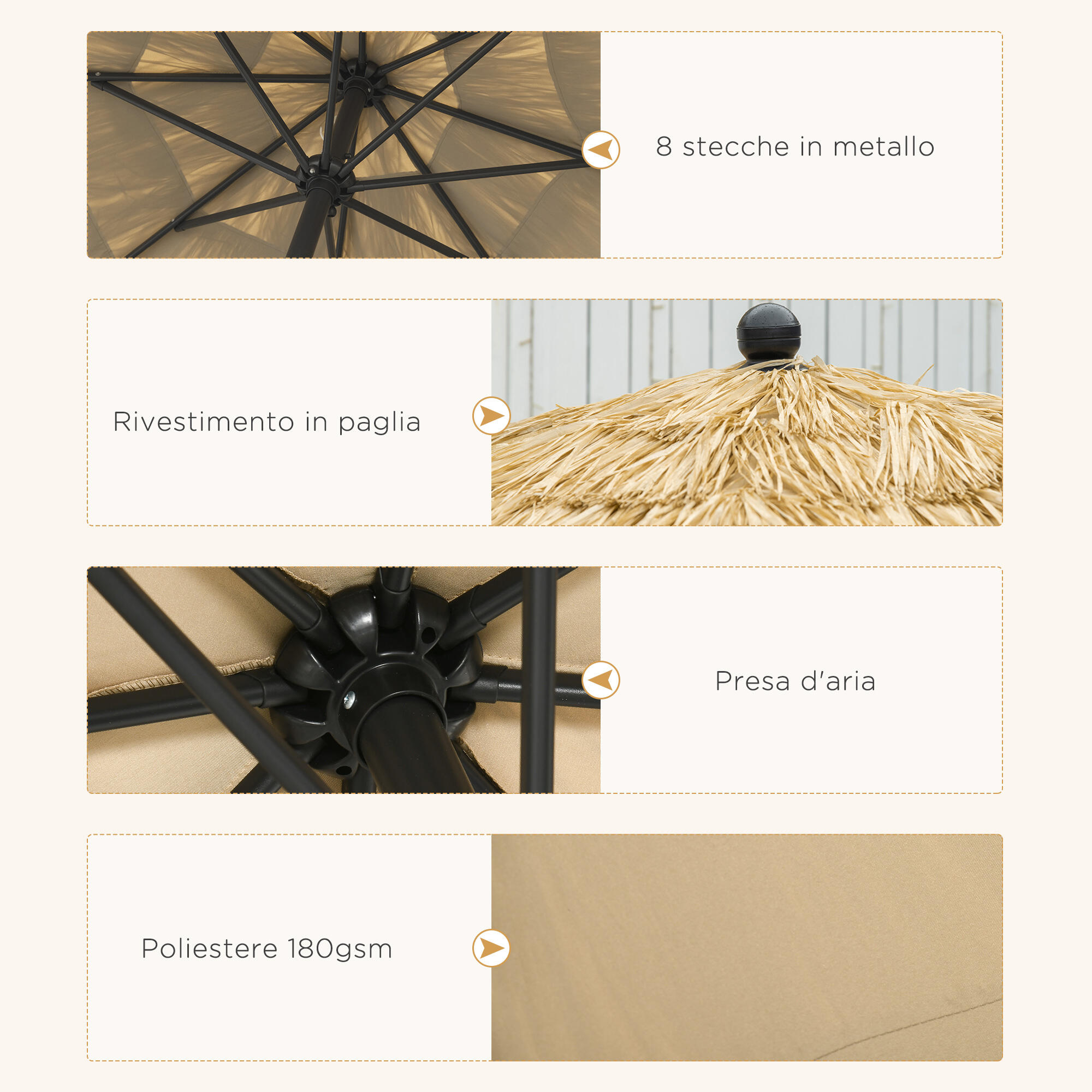 Outsunny Ombrellone da Esterno con Copertura in Paglia e Manovella Ø265x250cm 6/7