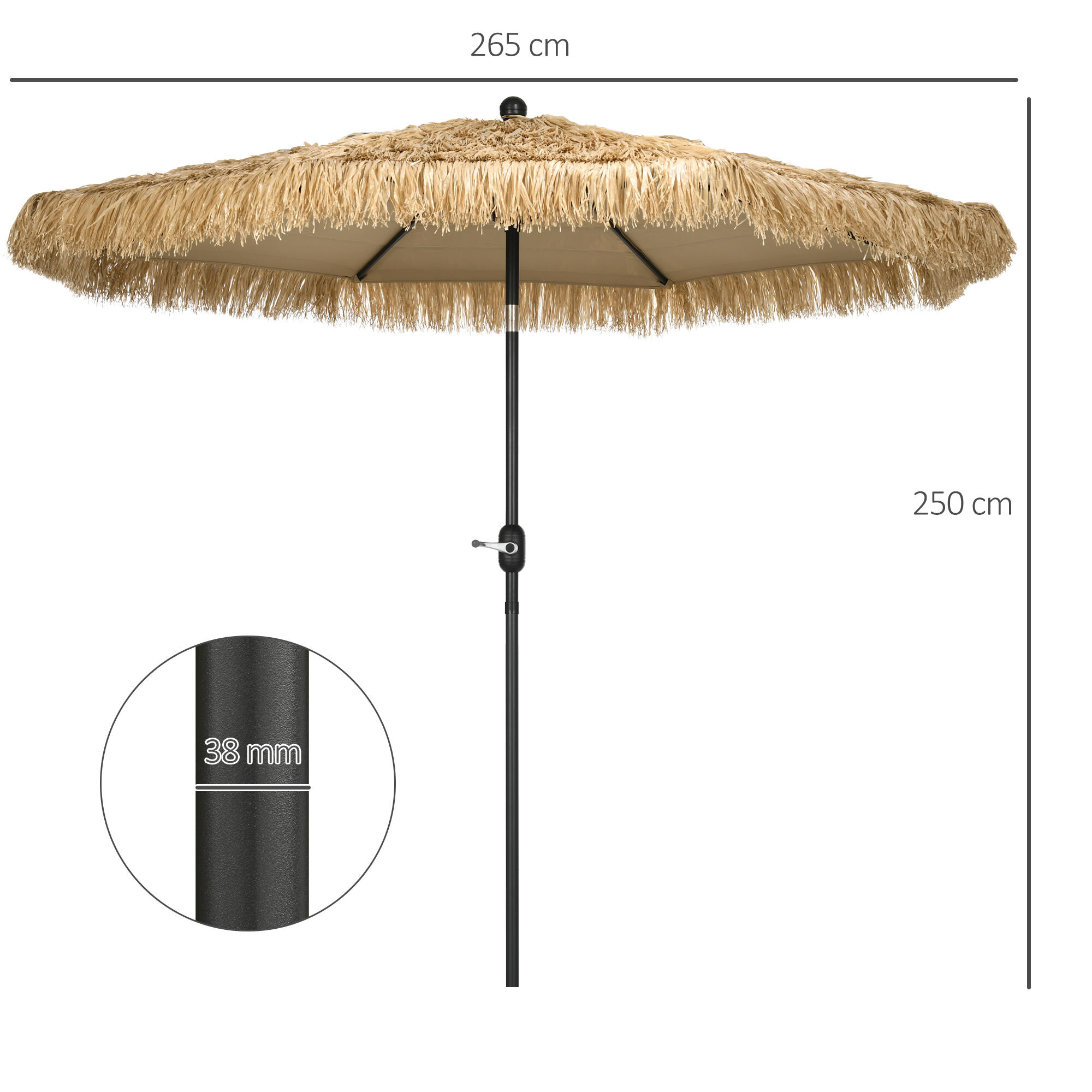 Outsunny Ombrellone da Esterno con Copertura in Paglia e Manovella Ø265x250cm 3/7