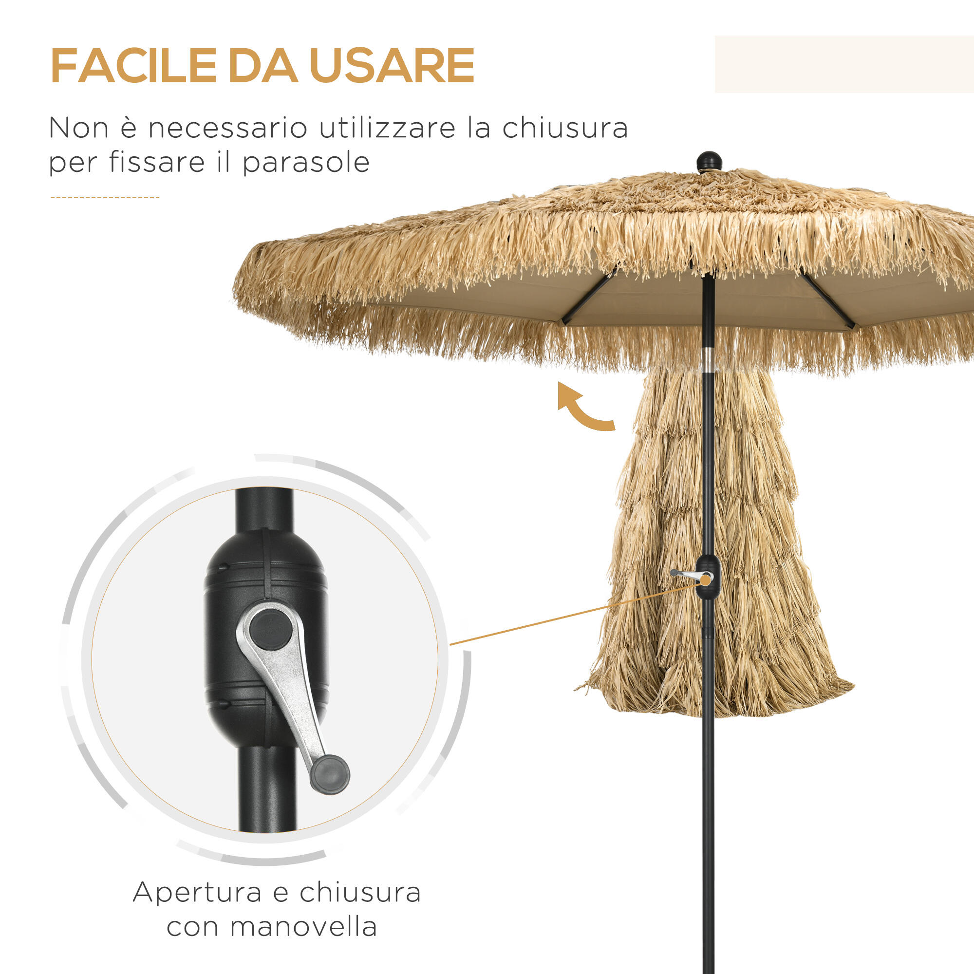 Outsunny Ombrellone da Esterno con Copertura in Paglia e Manovella Ø265x250cm 5/7