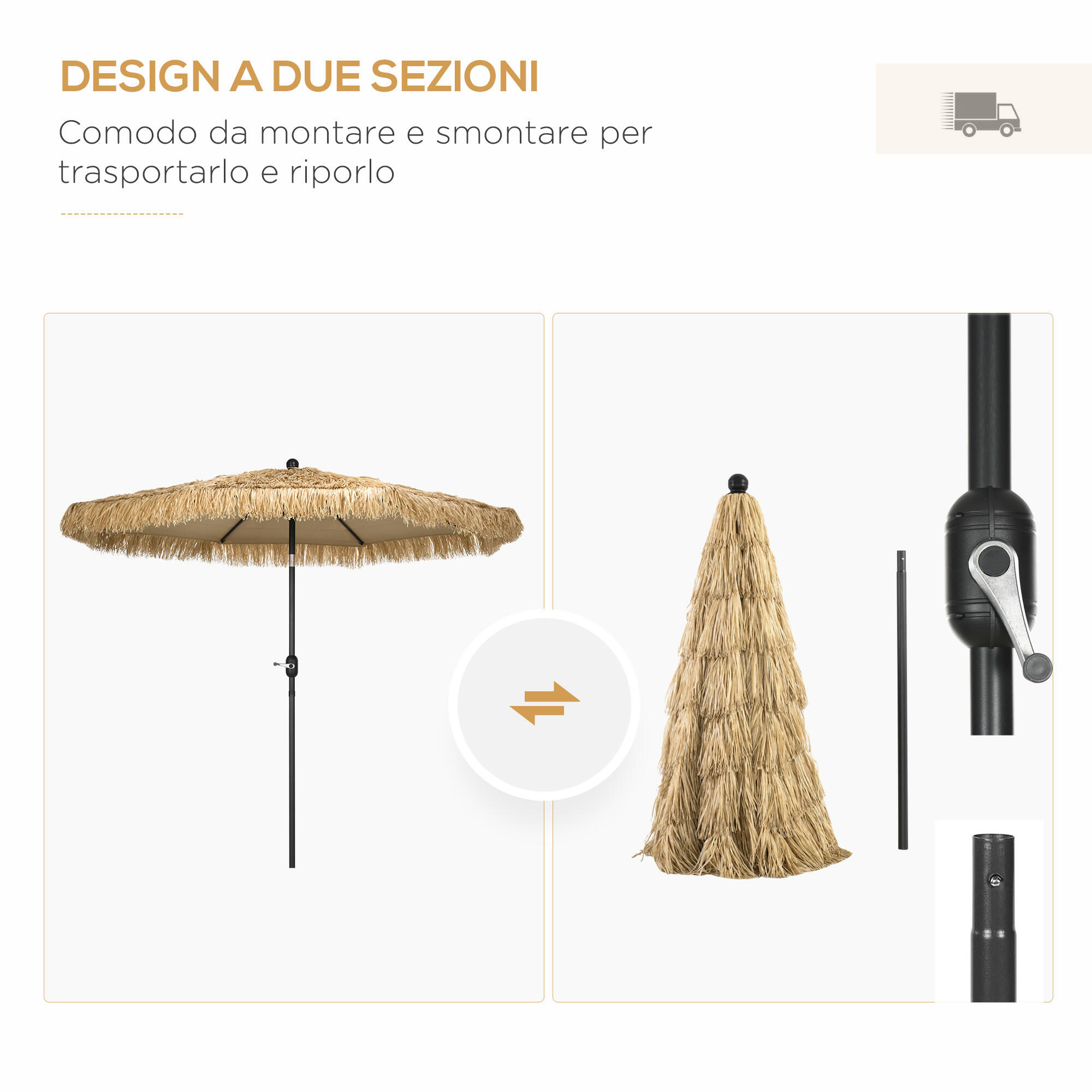 Outsunny Ombrellone da Esterno con Copertura in Paglia e Manovella Ø265x250cm 7/7