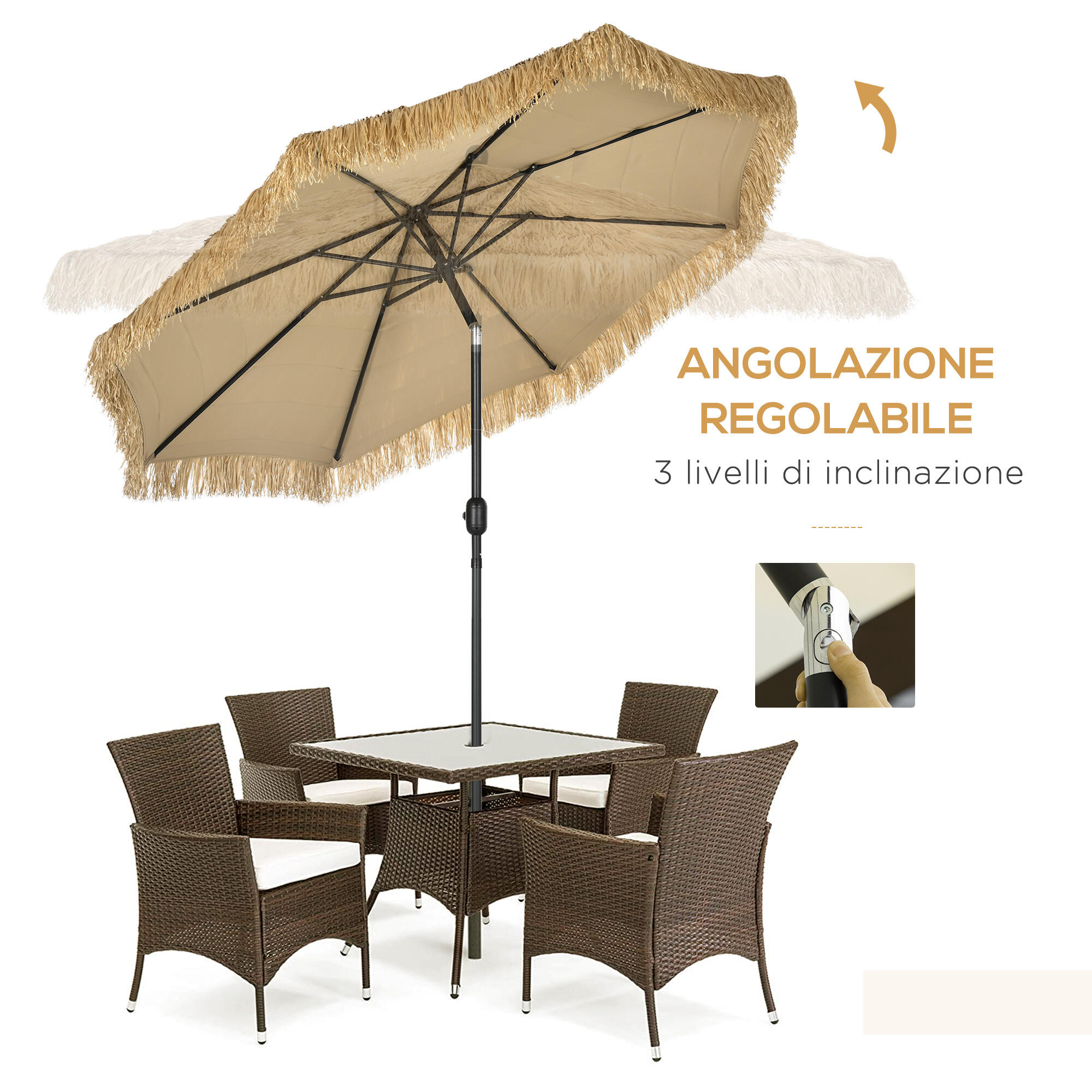 Outsunny Ombrellone da Esterno con Copertura in Paglia e Manovella Ø265x250cm 4/7