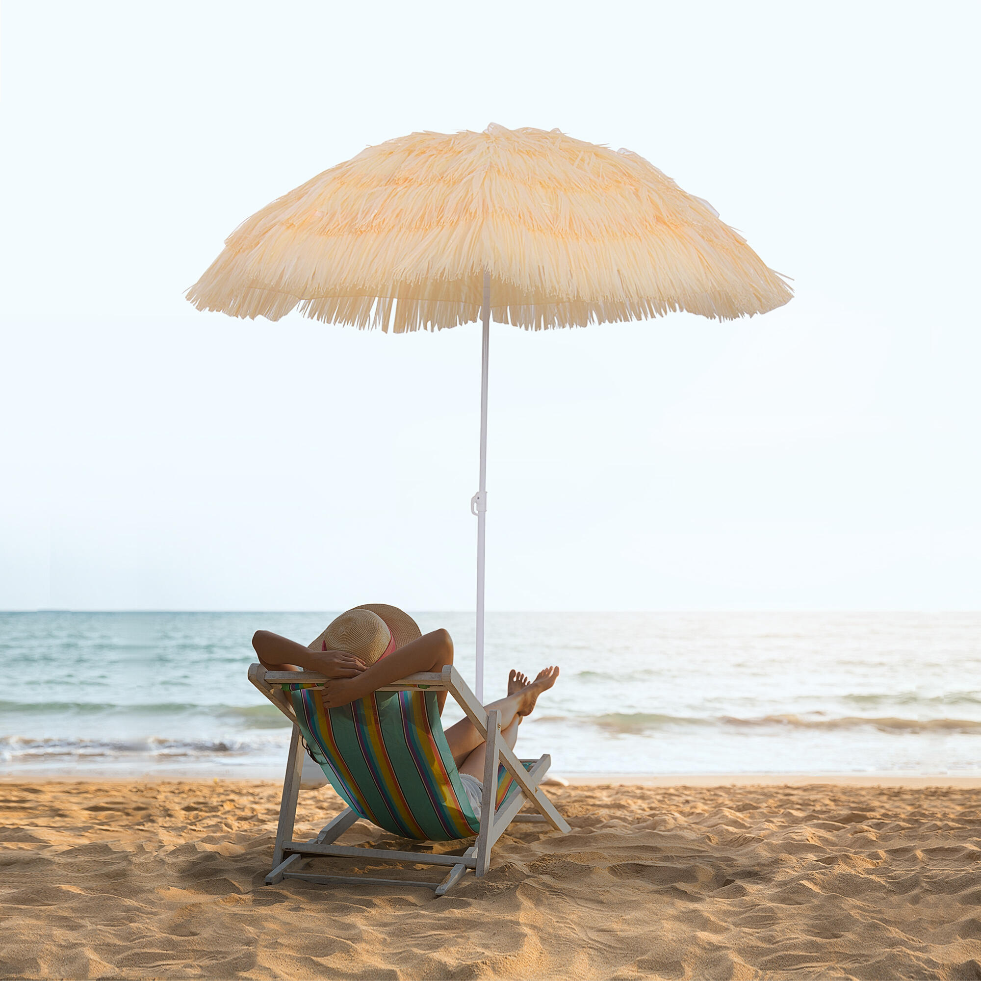 Outsunny Ombrellone da Spiaggia 1.6x2 m Beige a 8 Stecche 2/7