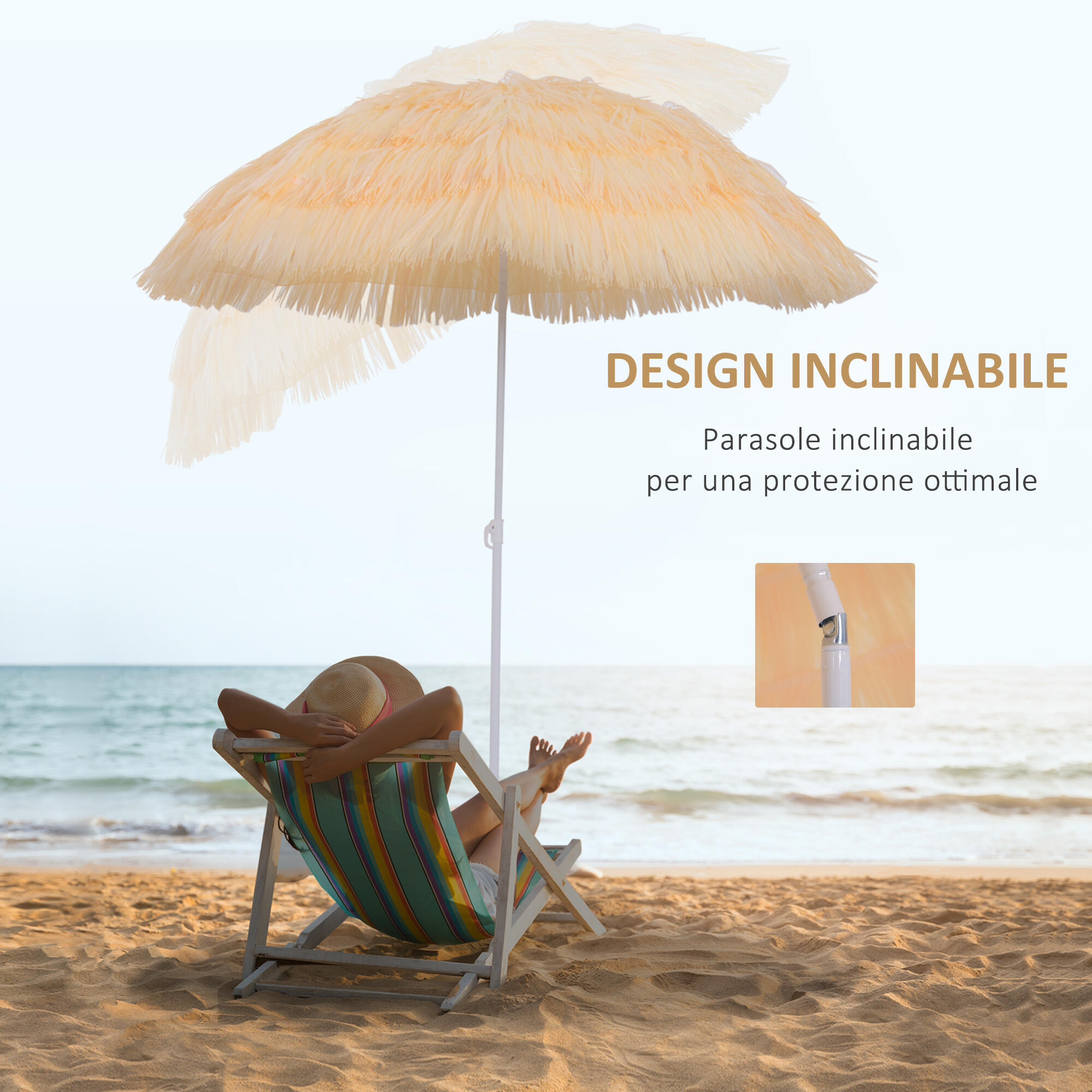 Outsunny Ombrellone da Spiaggia 1.6x2 m Beige a 8 Stecche 6/7