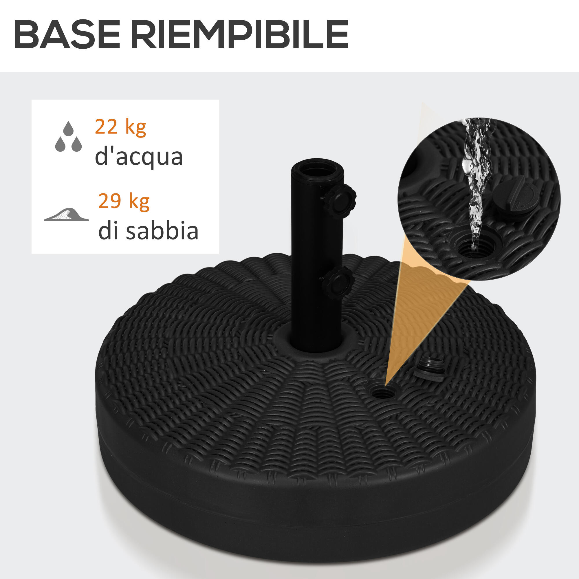 Outsunny Base Ombrellone 2.7 m in HDPE e Acciaio Nero con Maniglie e Beccuccio 5/7