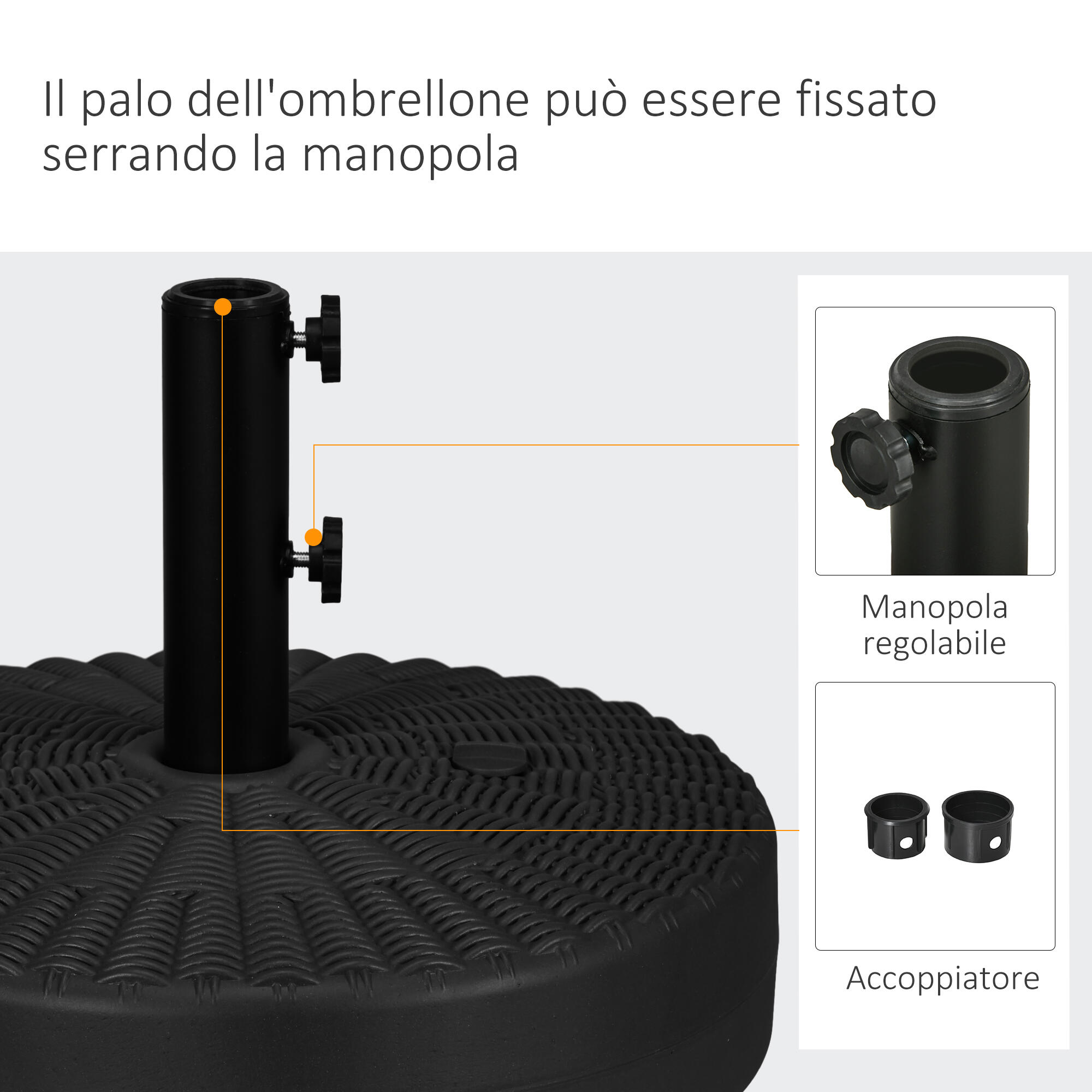 Outsunny Base Ombrellone 2.7 m in HDPE e Acciaio Nero con Maniglie e Beccuccio 4/7