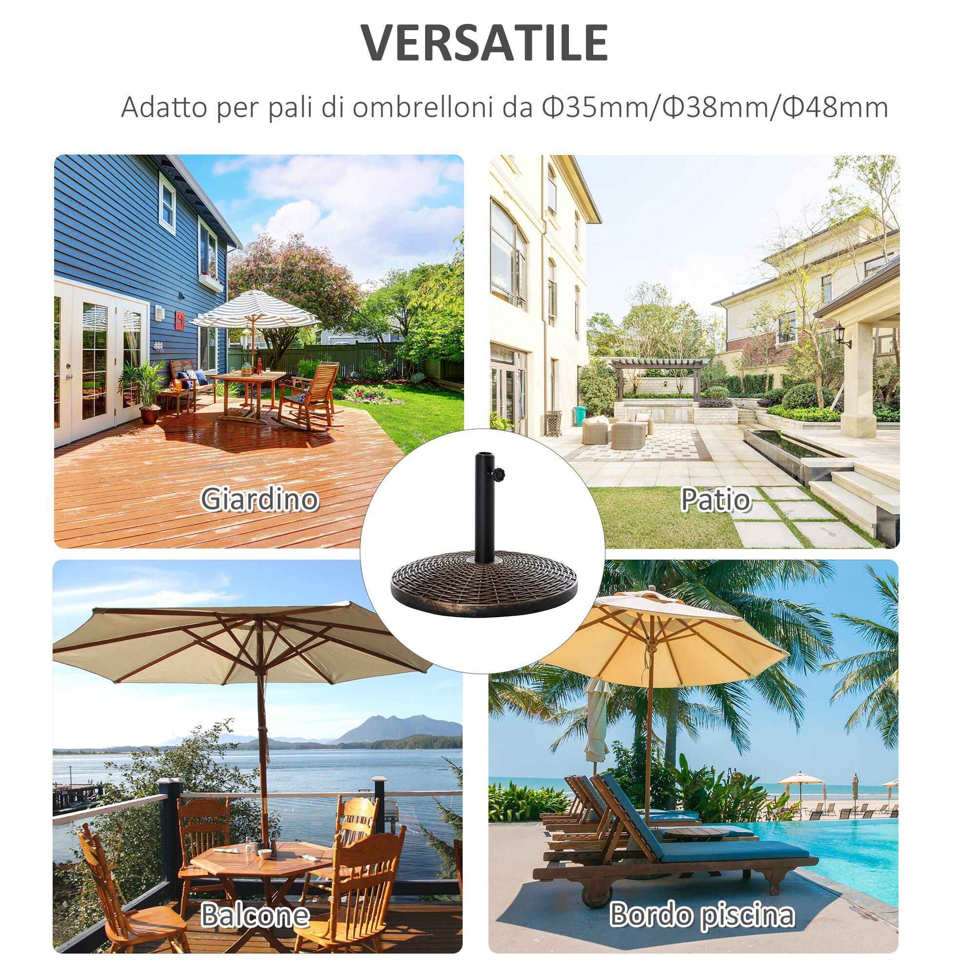 Outsunny Base Ombrellone in Plastica Effetto Rattan 25kg per Pali da 35-38-48mm 6/8