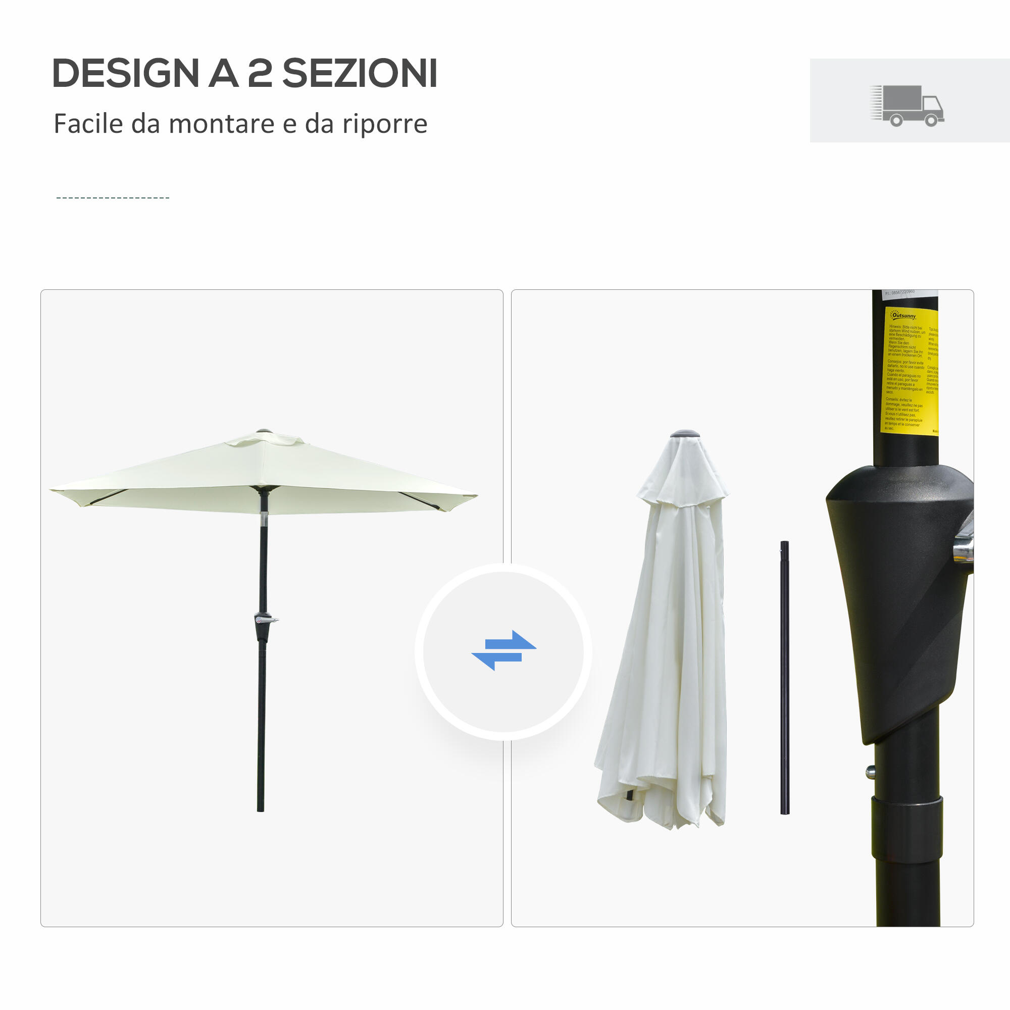 Outsunny Ombrellone da Esterno 2.3x2.2 m a Manovella Inclinabile Bianco Crema 7/7