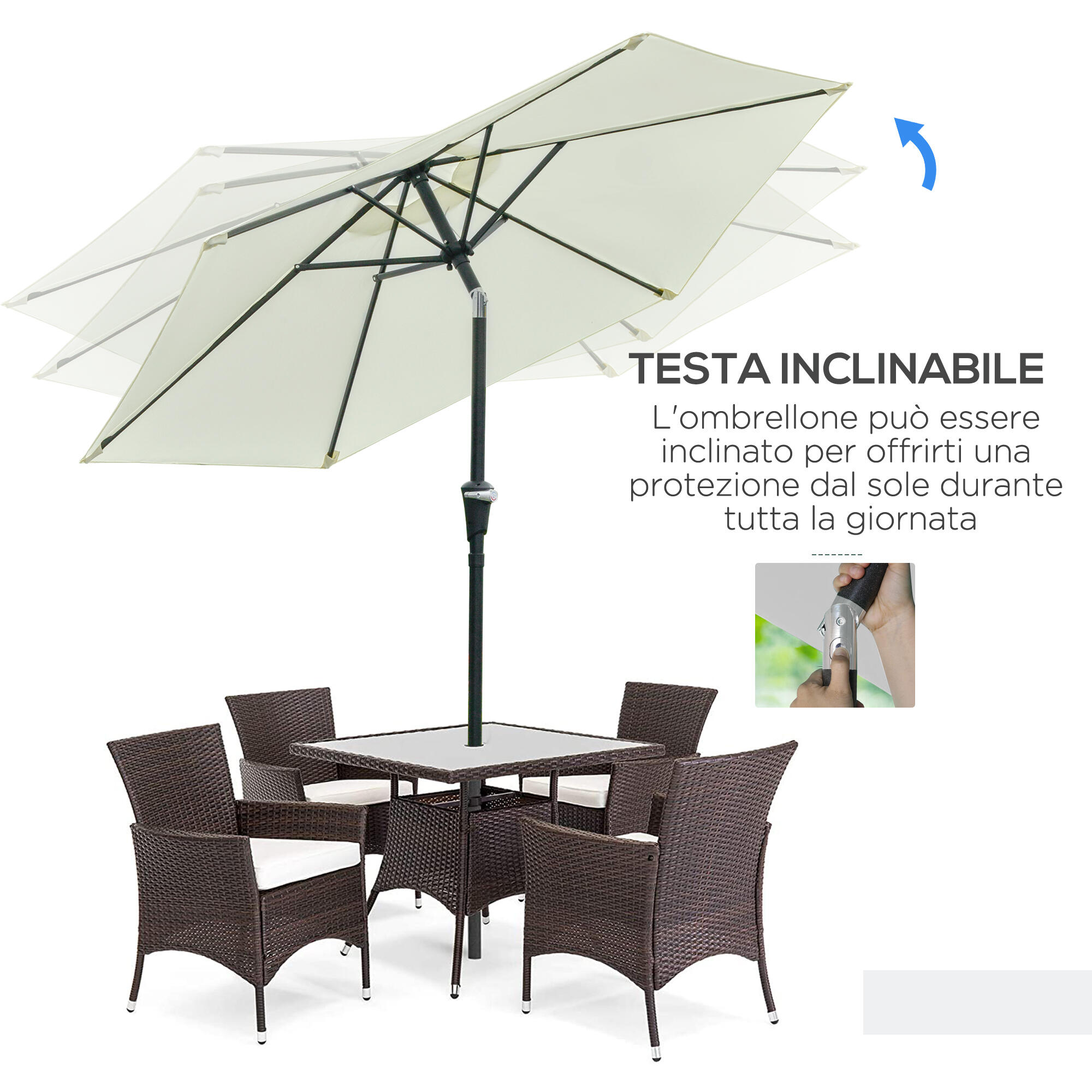 Outsunny Ombrellone da Esterno 2.3x2.2 m a Manovella Inclinabile Bianco Crema 5/7