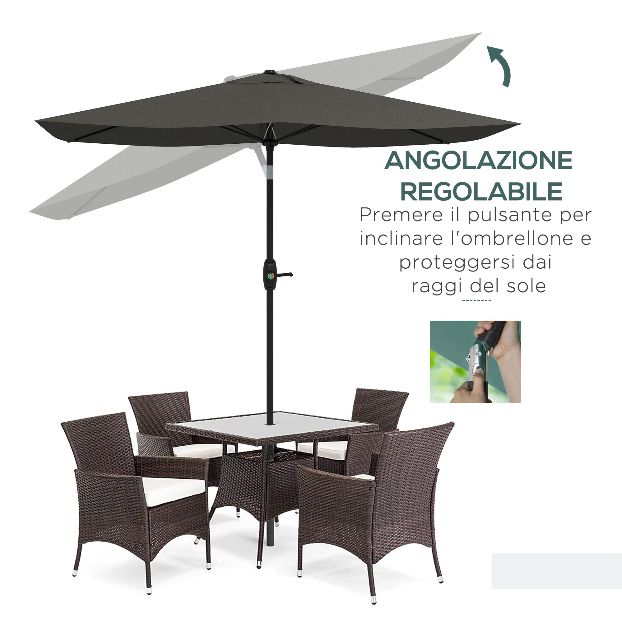 Outsunny Ombrellone da Esterno 2x3m Inclinabile e Apertura a Manovella Grigio 4/7