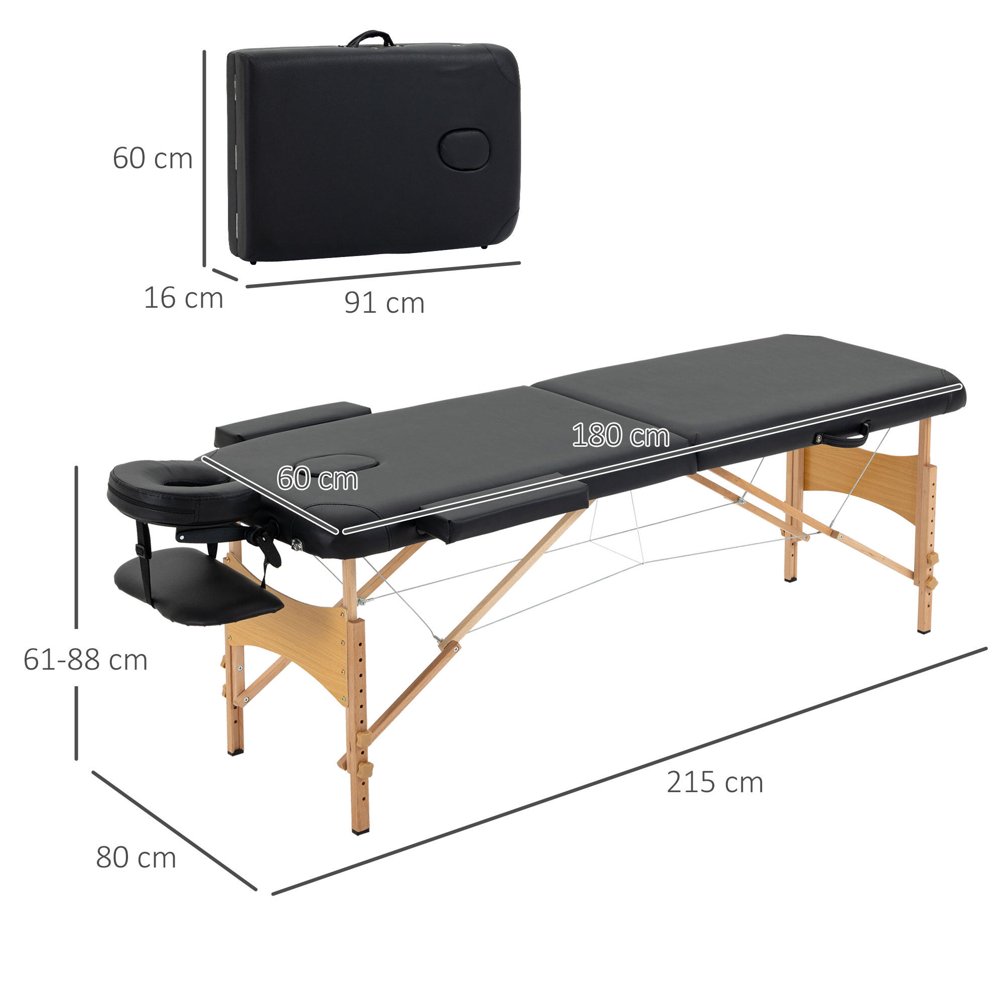 HOMCOM Lettino da Massaggio Pieghevole con Altezza Regolabile in Legno Nero 3/8