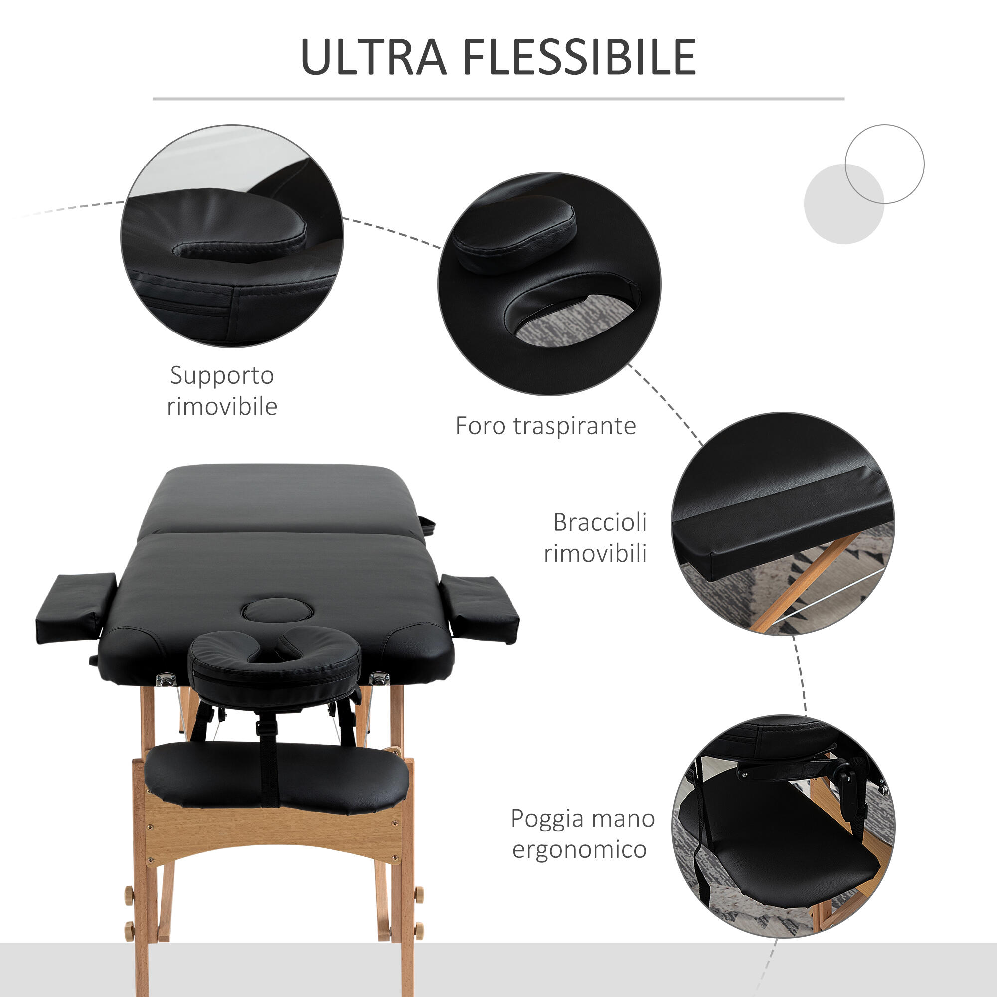 HOMCOM Lettino da Massaggio Pieghevole con Altezza Regolabile in Legno Nero 5/8