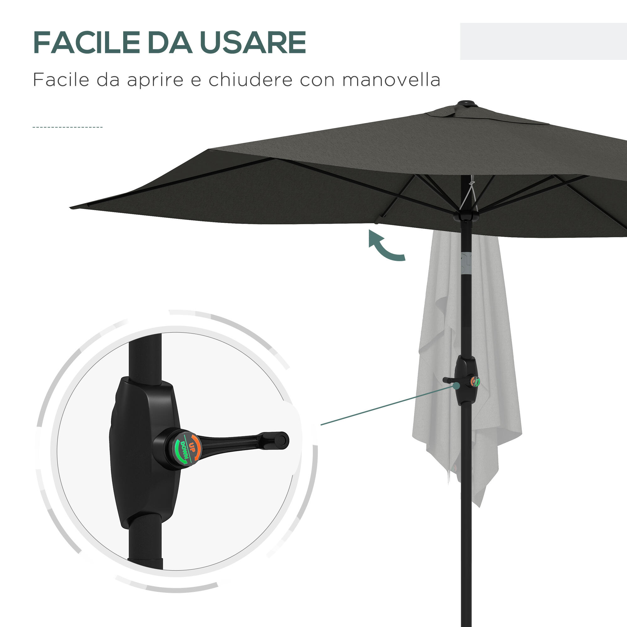 Outsunny Ombrellone da Esterno 2x3m Inclinabile e Apertura a Manovella Grigio 5/7